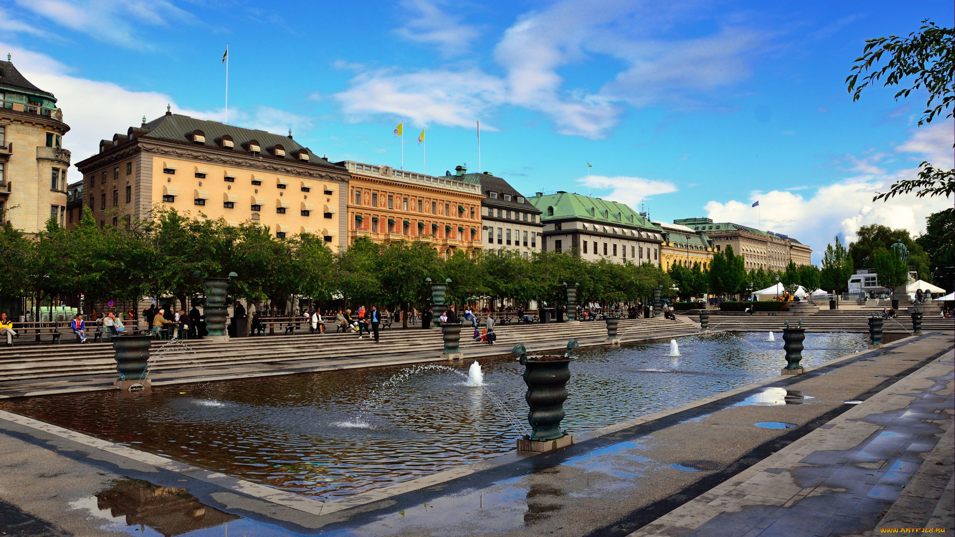 города, стокгольм, швеция, здания, вода, фонтанчик, деревья