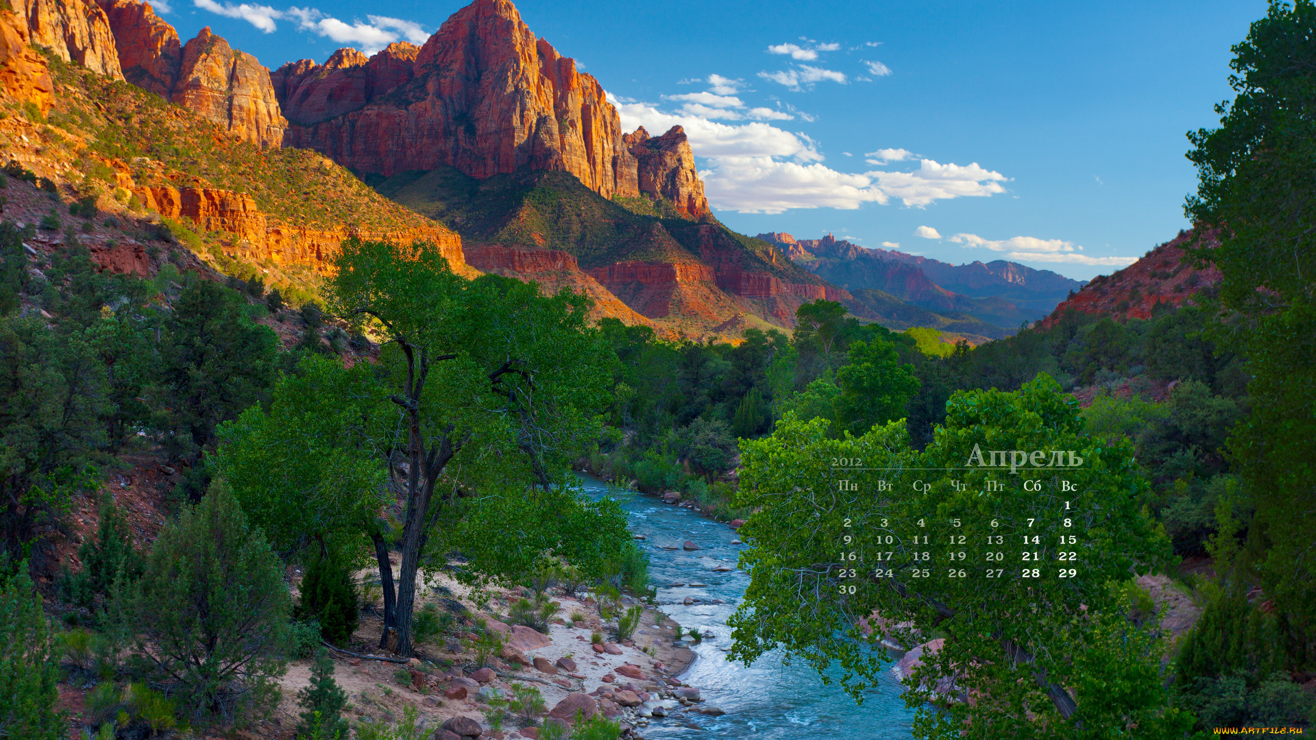 календари, природа, река, горы
