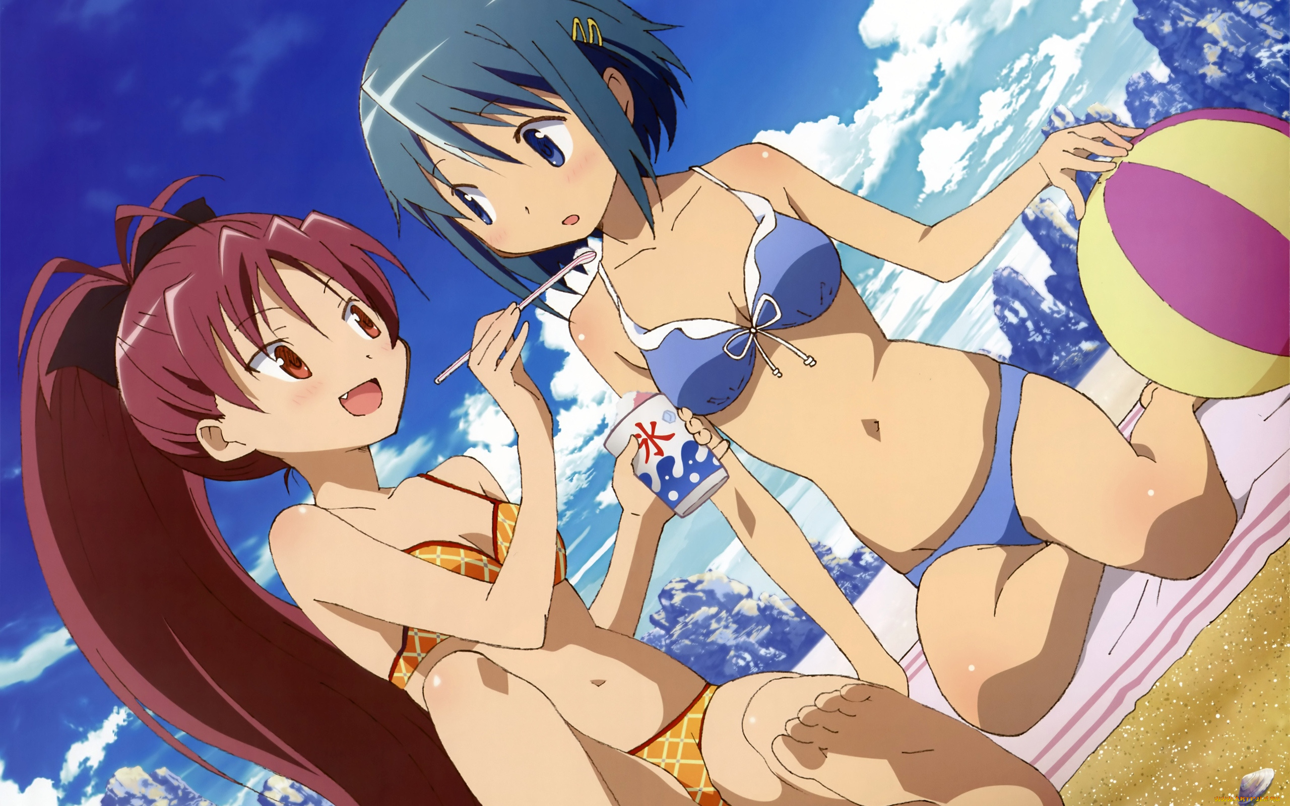 аниме, mahou, shoujo, madoka, magika, , пляж, девушки