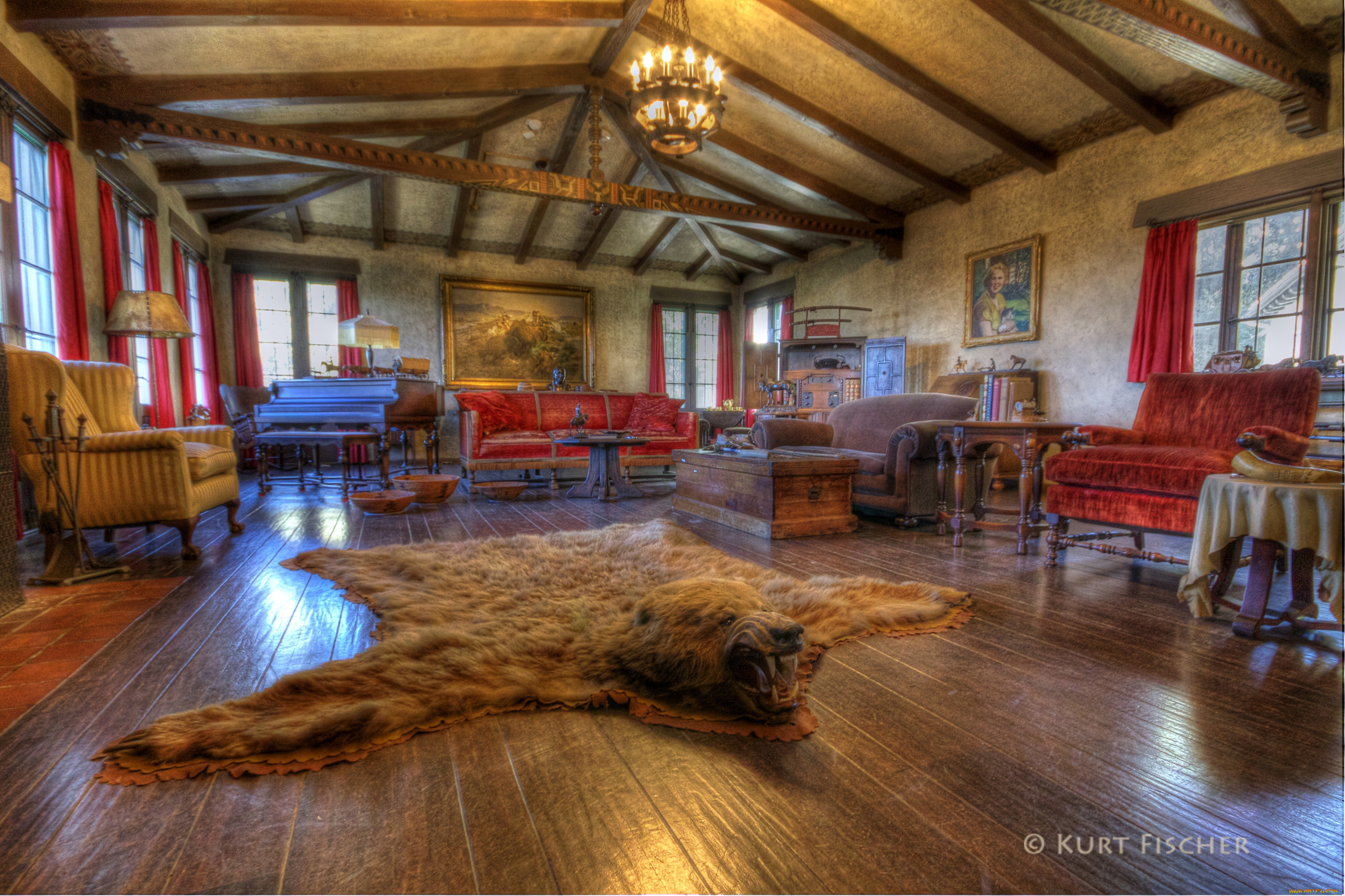 интерьер, гостиная, медвежья, шкура, диван, кресло, картина