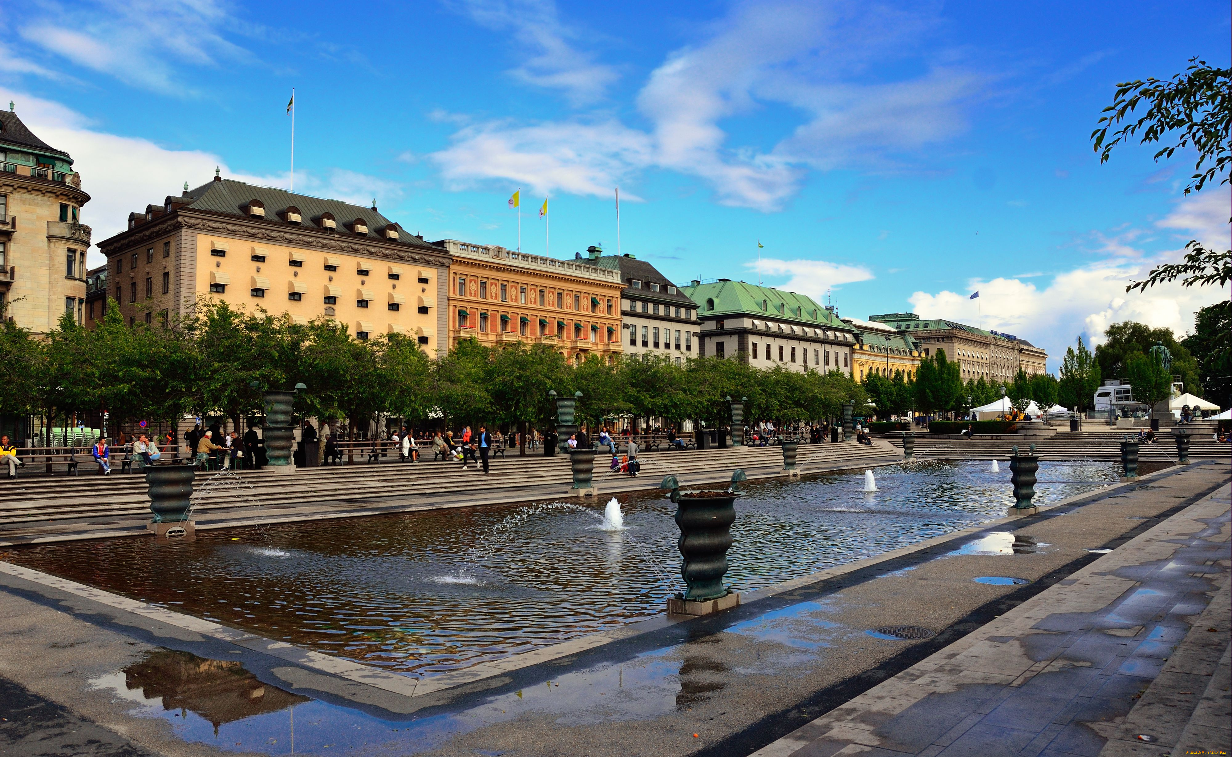 города, стокгольм, швеция, здания, вода, фонтанчик, деревья