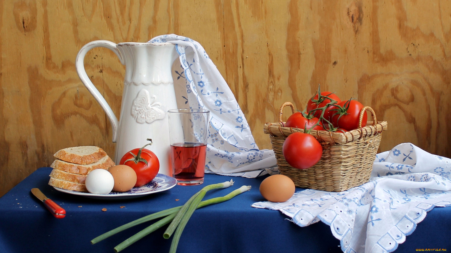 еда, натюрморт, кувшин, яйца, лук, помидоры