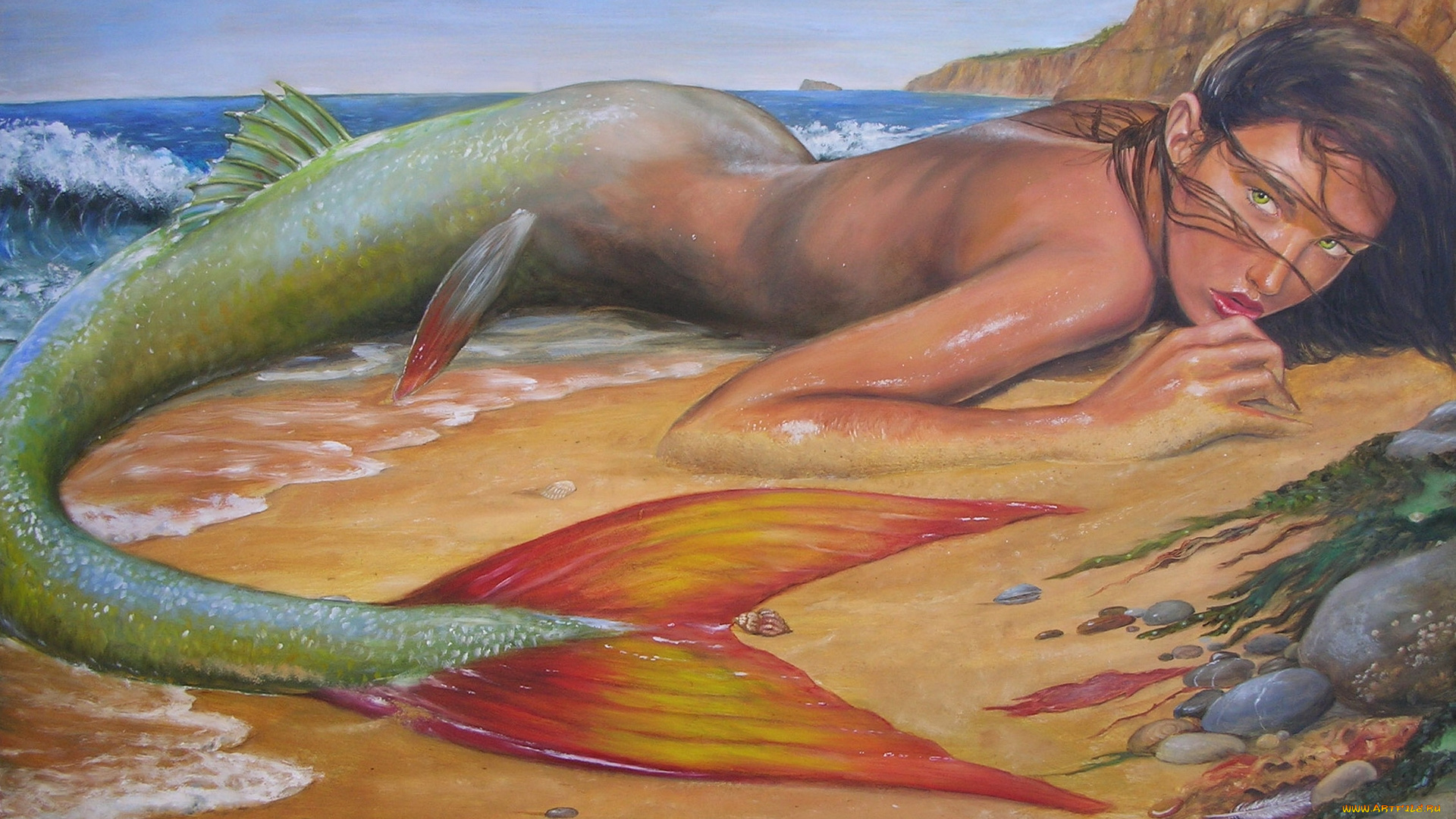 фэнтези, русалки, побережье, хвост, камни, море