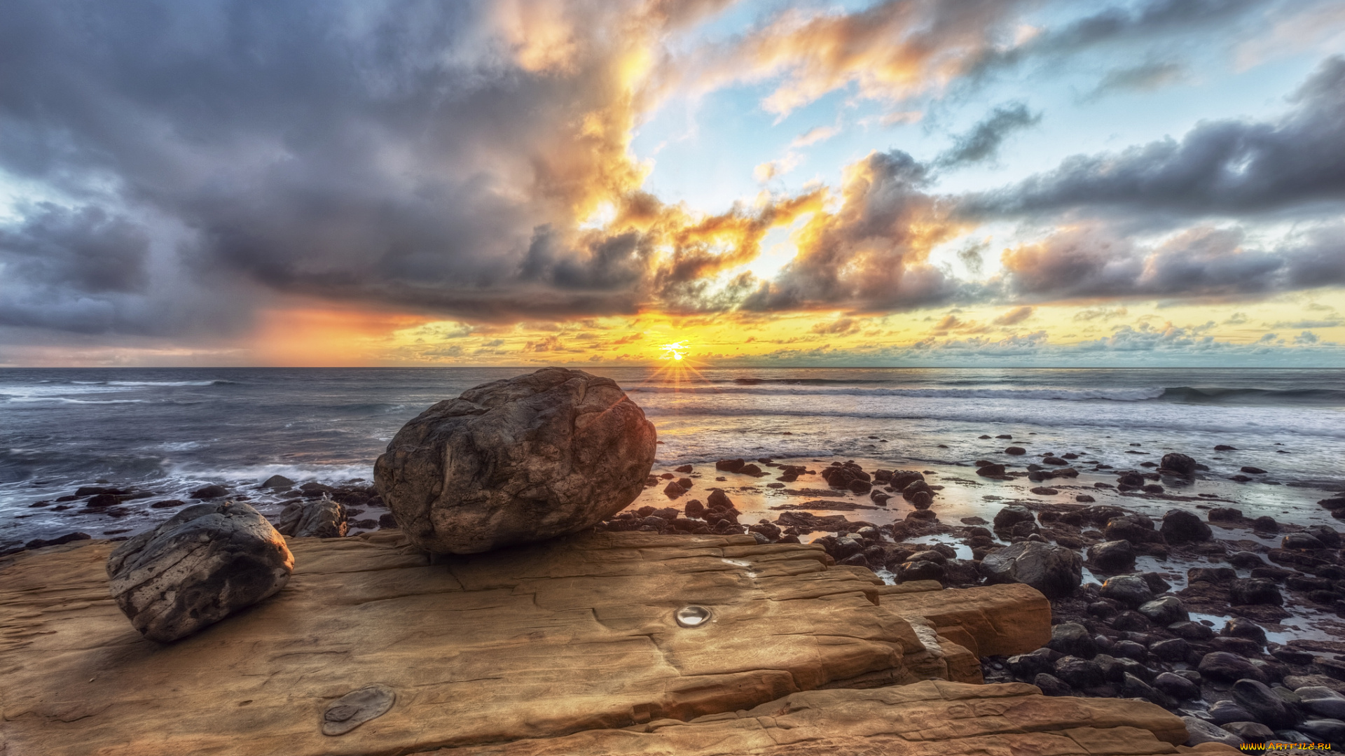 природа, восходы, закаты, океан, пляж, камни, тучи, солнце