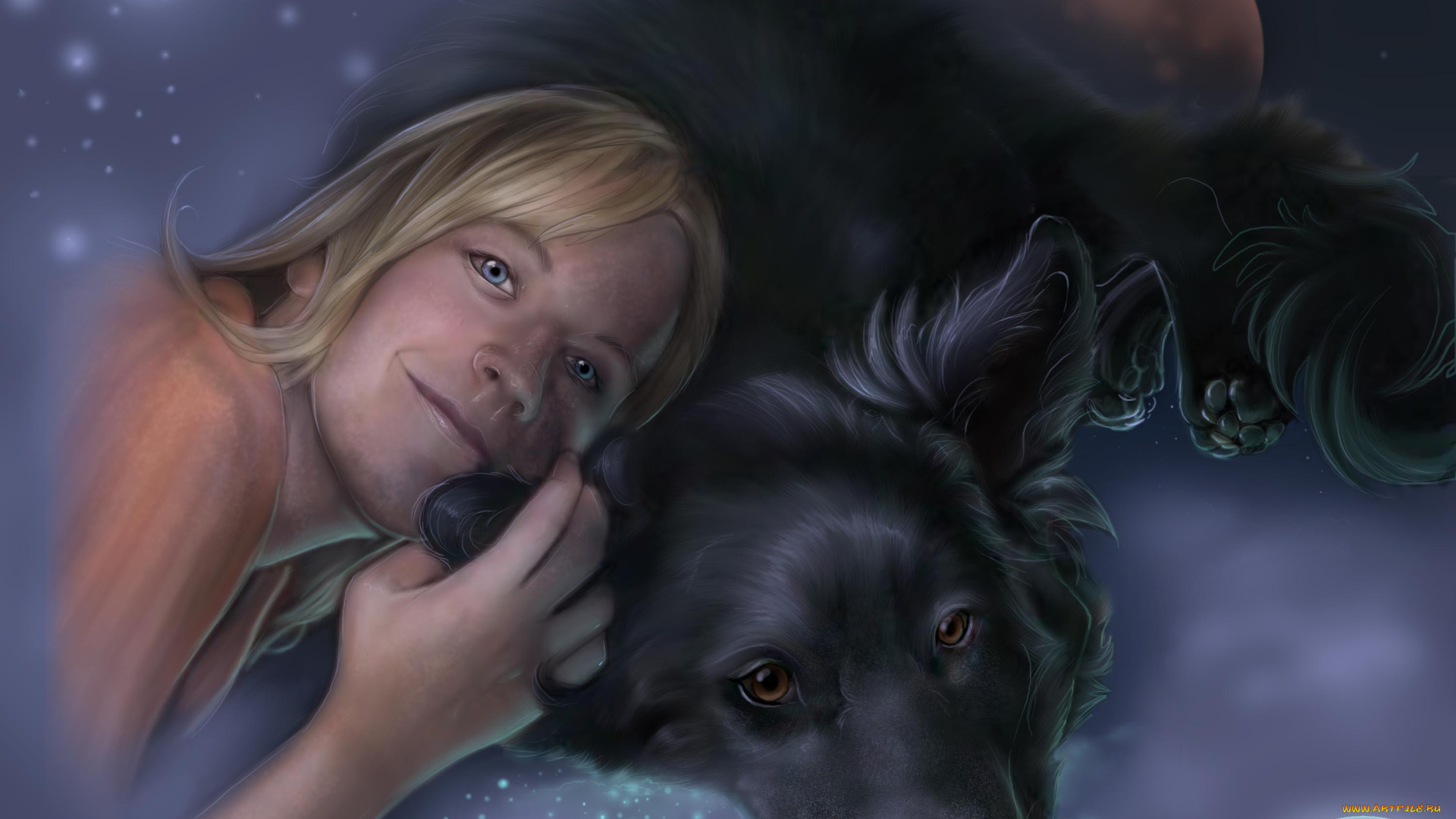 рисованные, люди, луна, девушка, собака