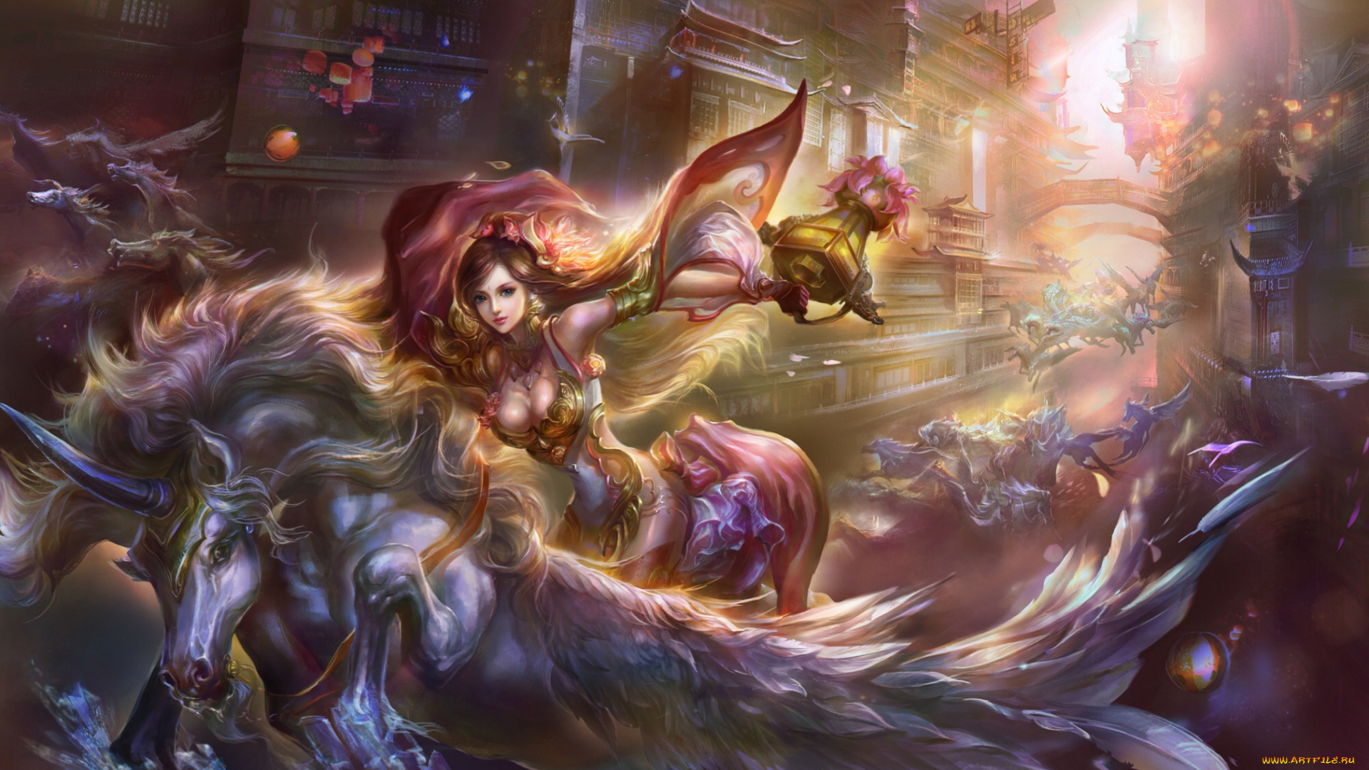 rongrong, wang, фэнтези, единороги, девушка, единорог-, пегас