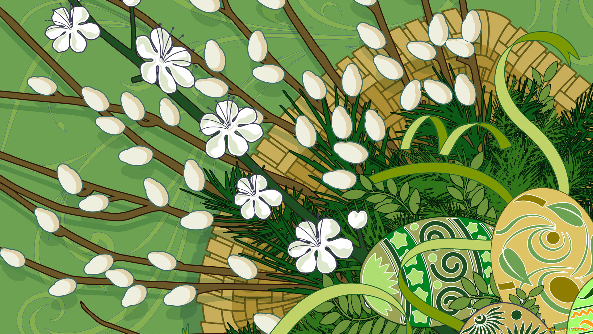 векторная, графика, яйца, ветки, верба, пасха, корзина