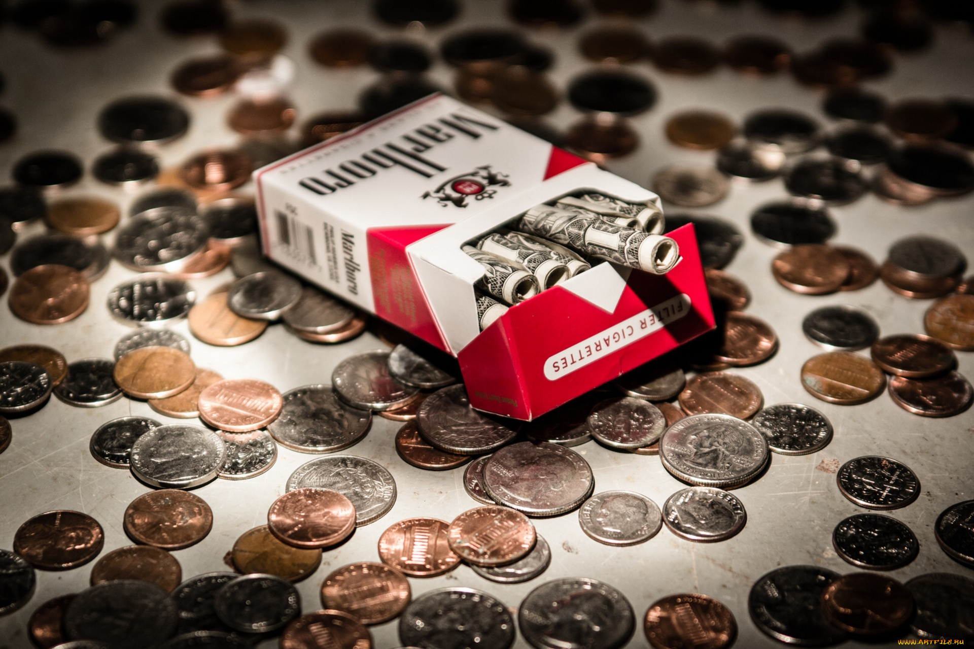 разное, золото, купюры, монеты, сигареты, marlboro, доллары