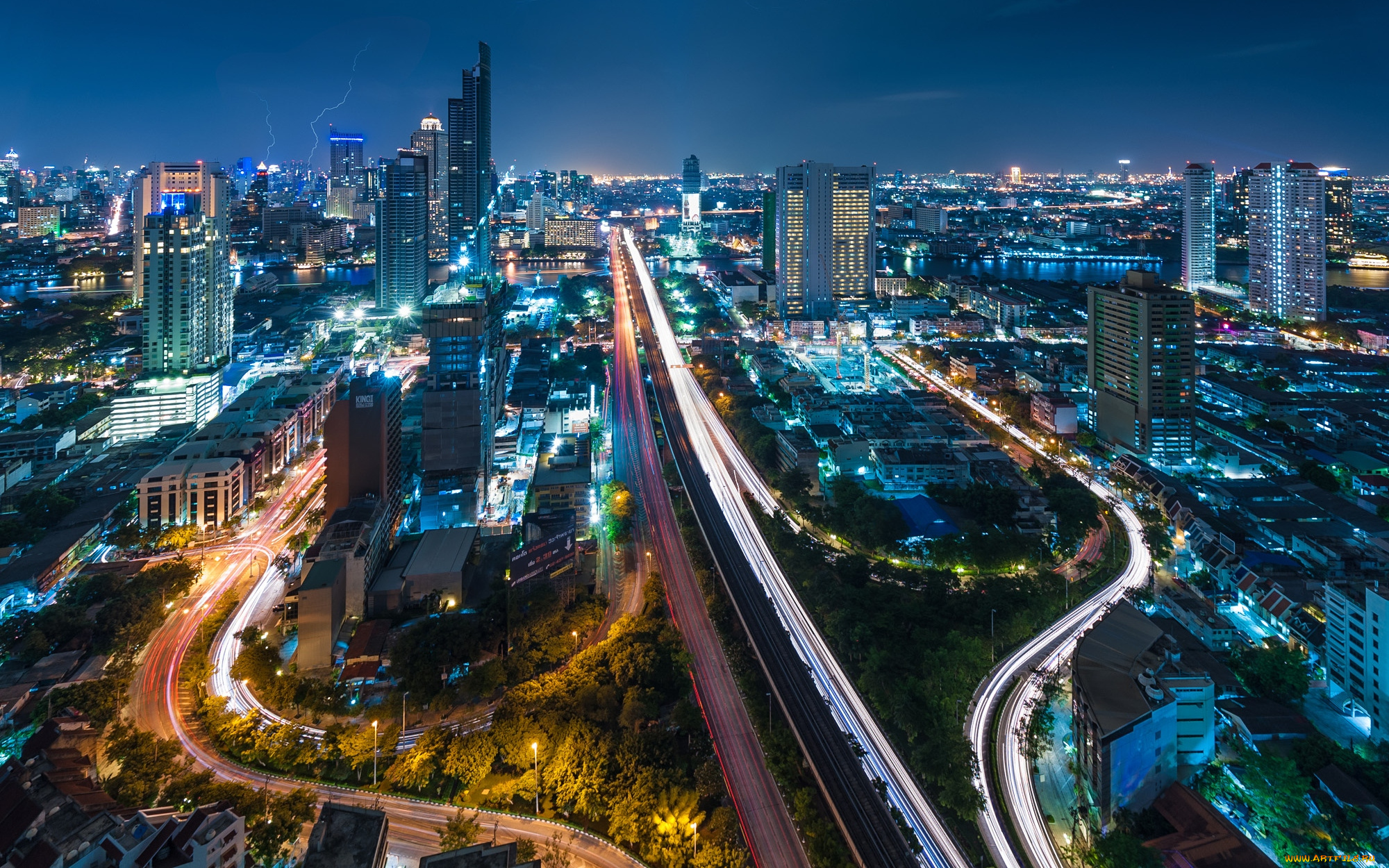 города, бангкок, таиланд, мегаполис, небоскрёбы, здания, панорама, молния, гроза