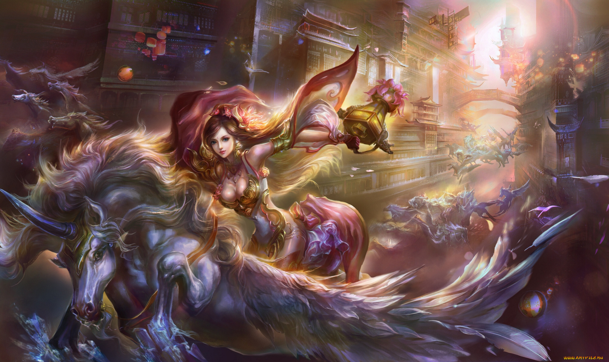 rongrong, wang, фэнтези, единороги, девушка, единорог-, пегас