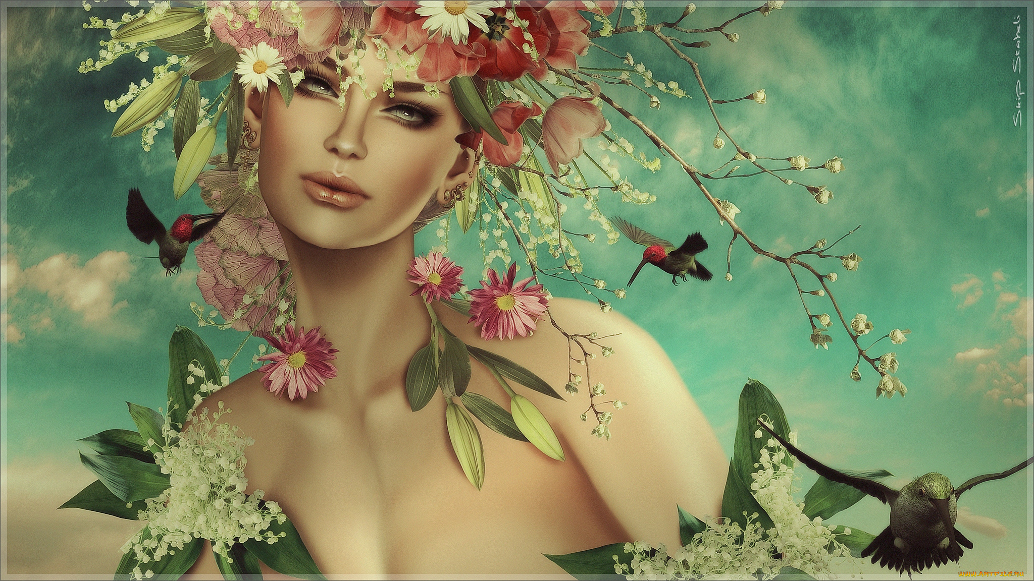 3д, графика, portraits, портрет, лицо, цветы, бабочки