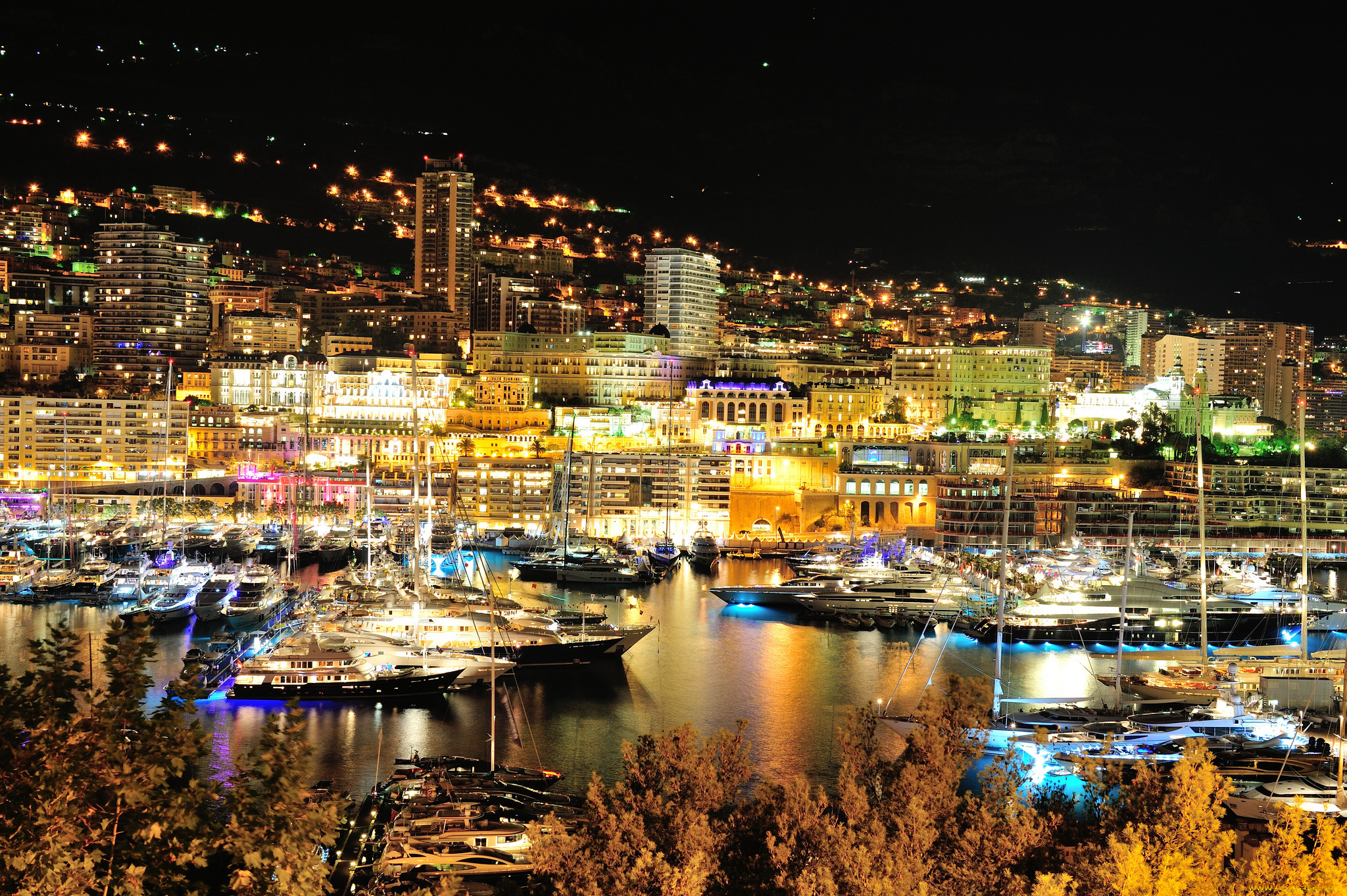 корабли, порты, причалы, город, огни, причал, яхты, ночь