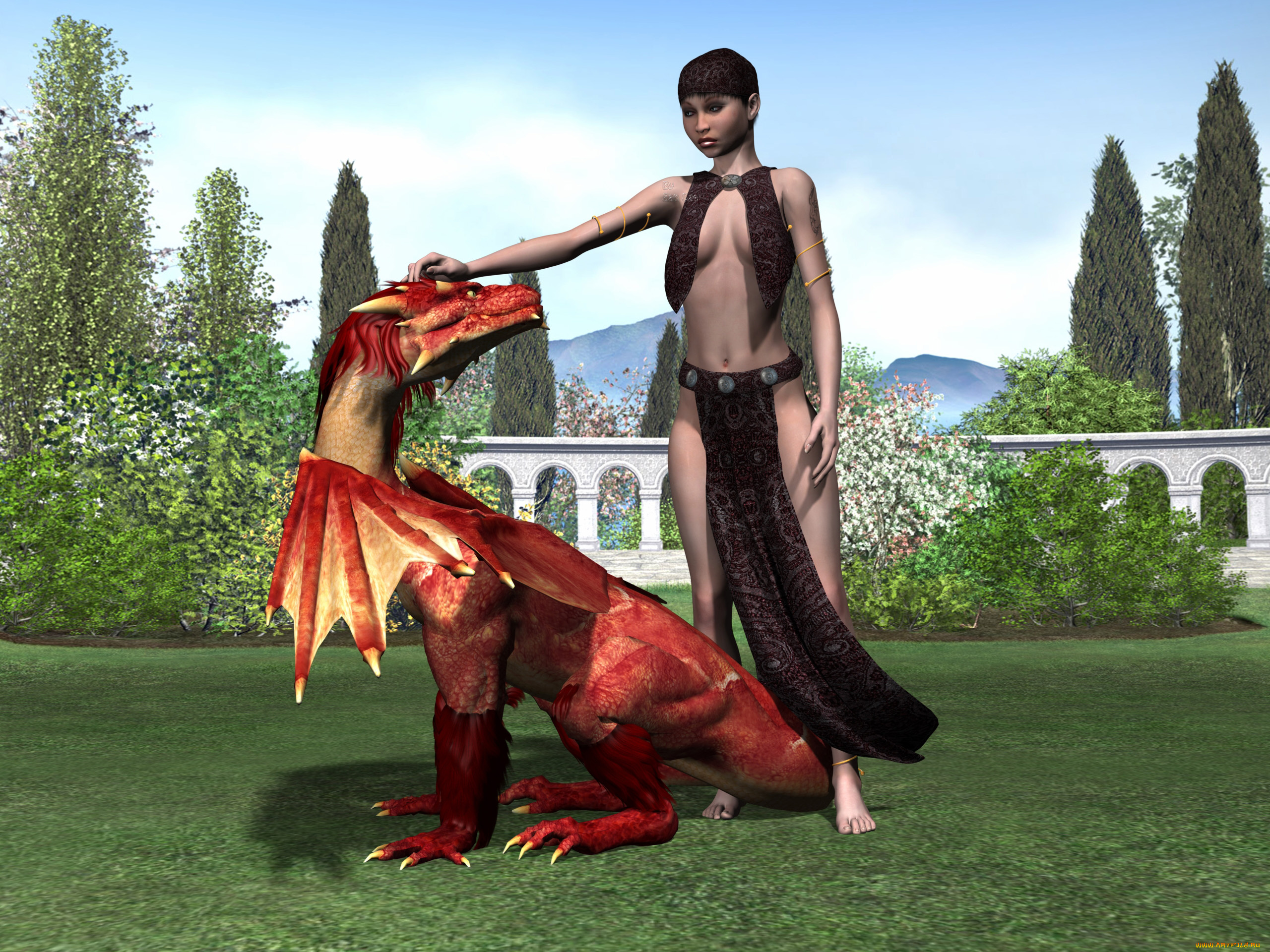 3д, графика, fantasy, фантазия, девушка, дракон
