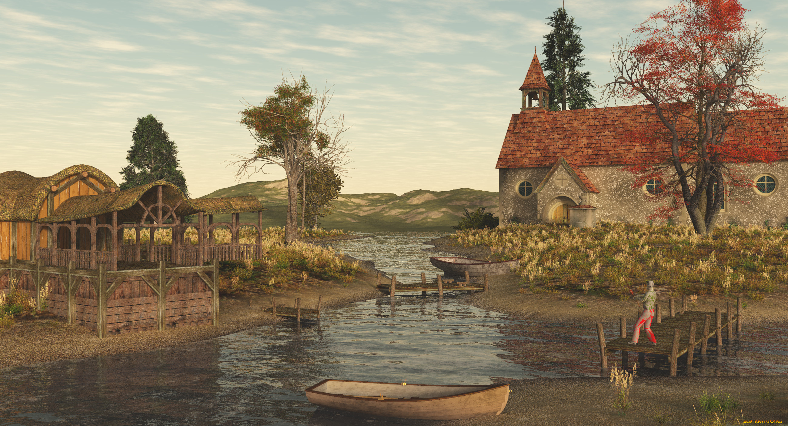 3д, графика, nature, landscape, природа, дом, река, мост