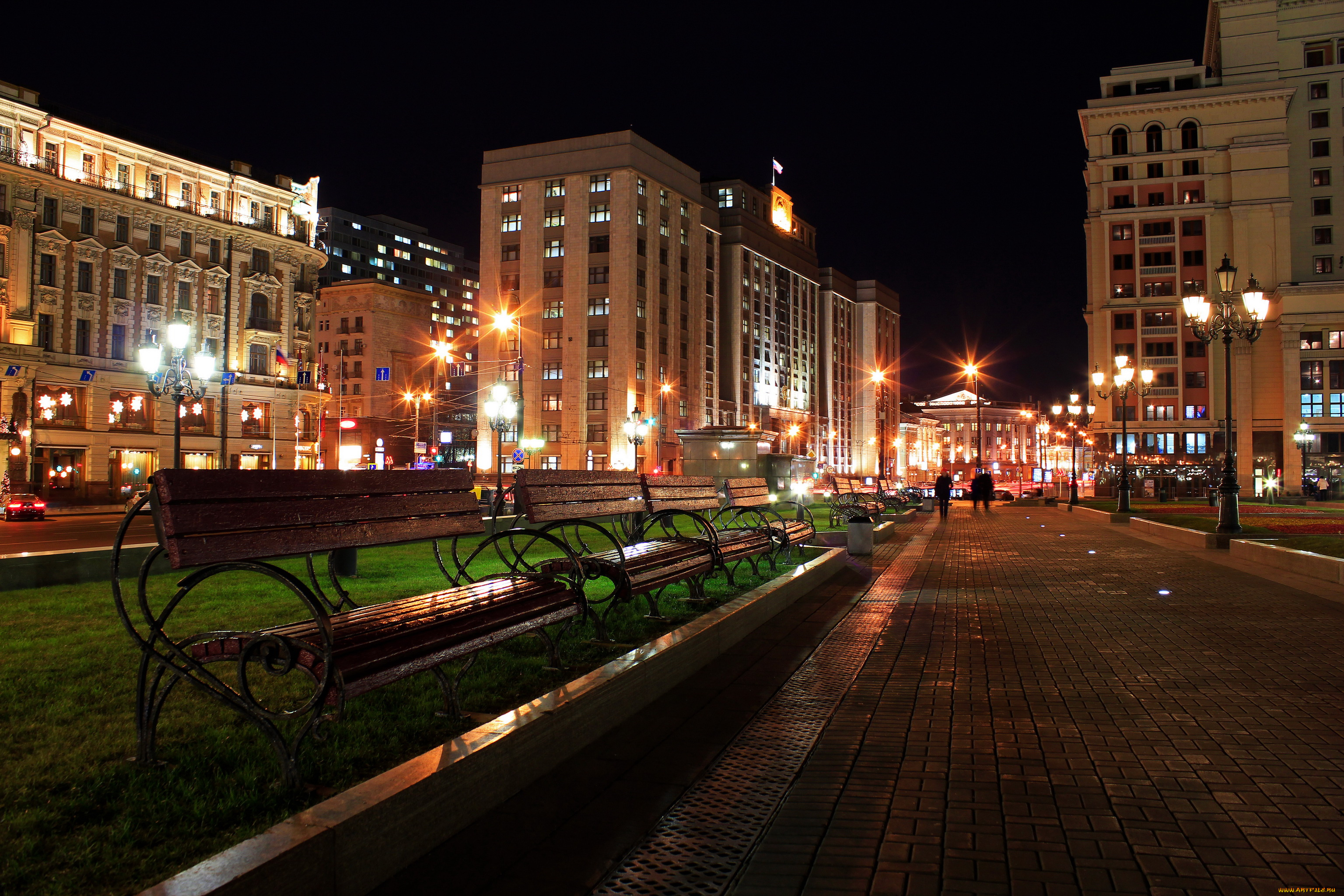 моховая, города, москва, россия, огни, ночь, дома