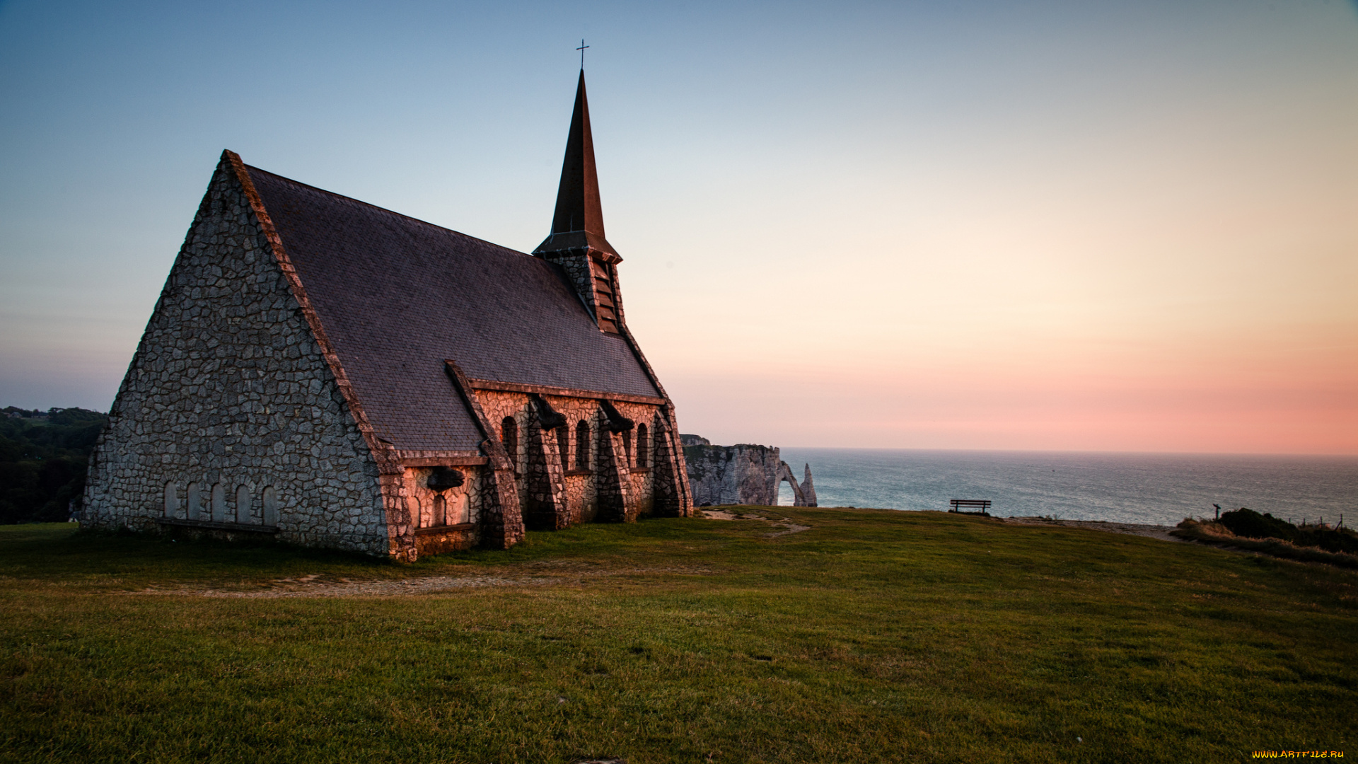 chapelle, notre, dame, de, la, garde, , etretat, , france, города, -, католические, соборы, , костелы, , аббатства, горизонт, франция, нормандия, chapelle, notre-dame, de, la, garde, вечер, море