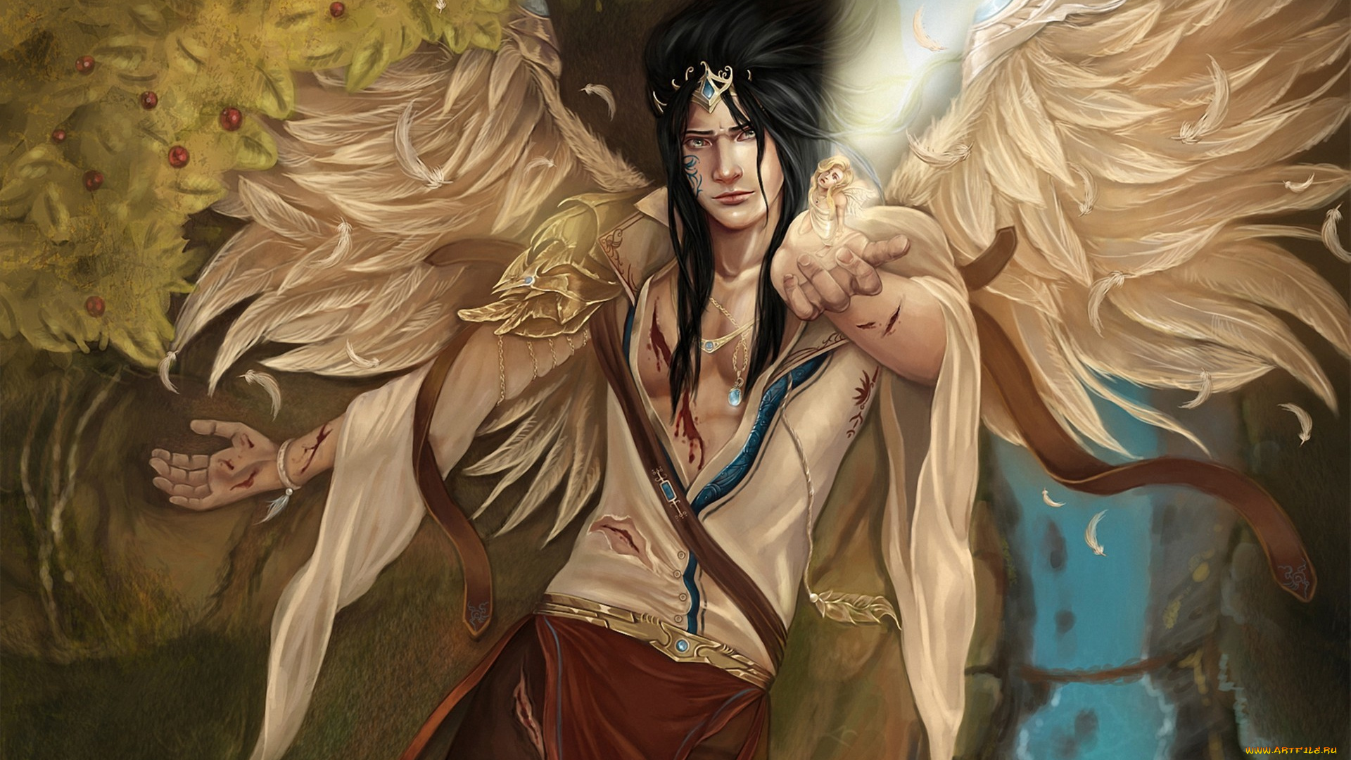 фэнтези, ангелы, кровь, раны, листва, крылья, парень, девушка, арт
