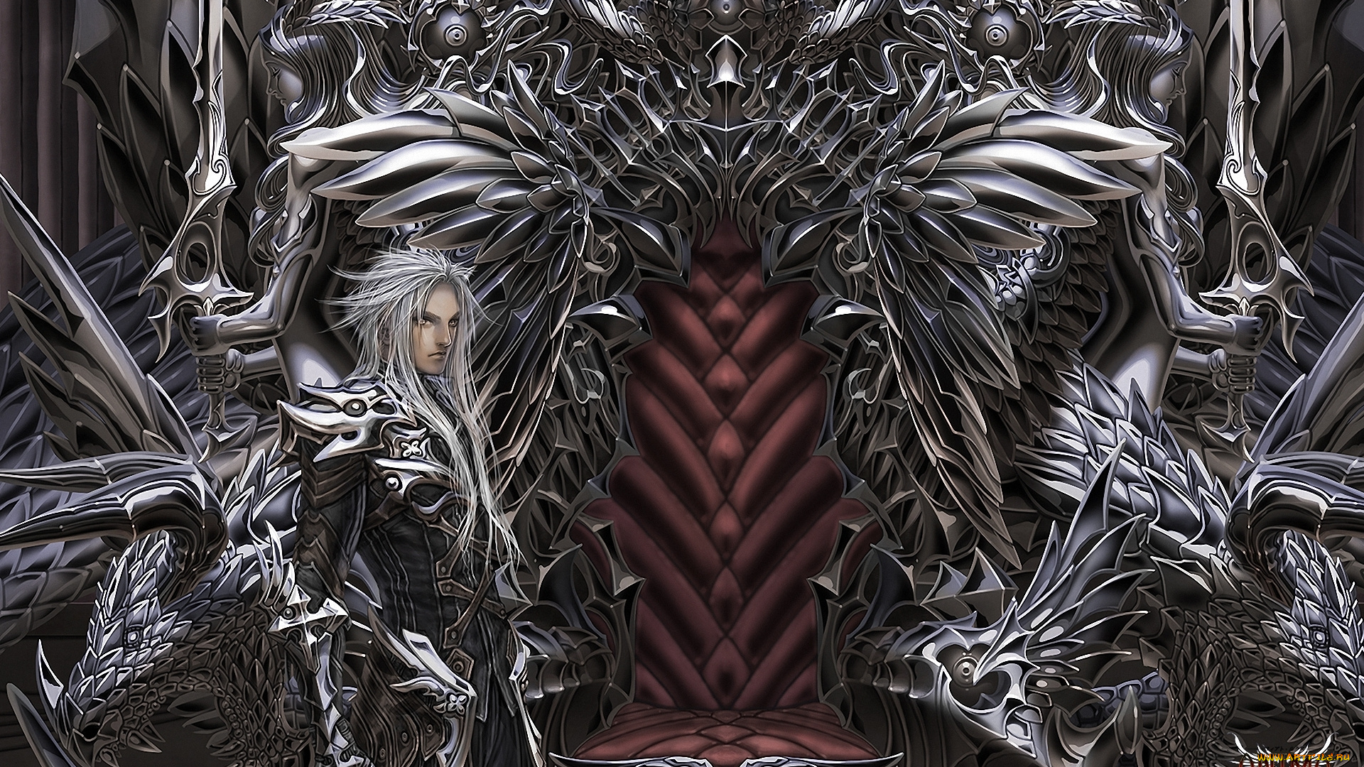 фэнтези, люди, парень, статуя, металл, трон