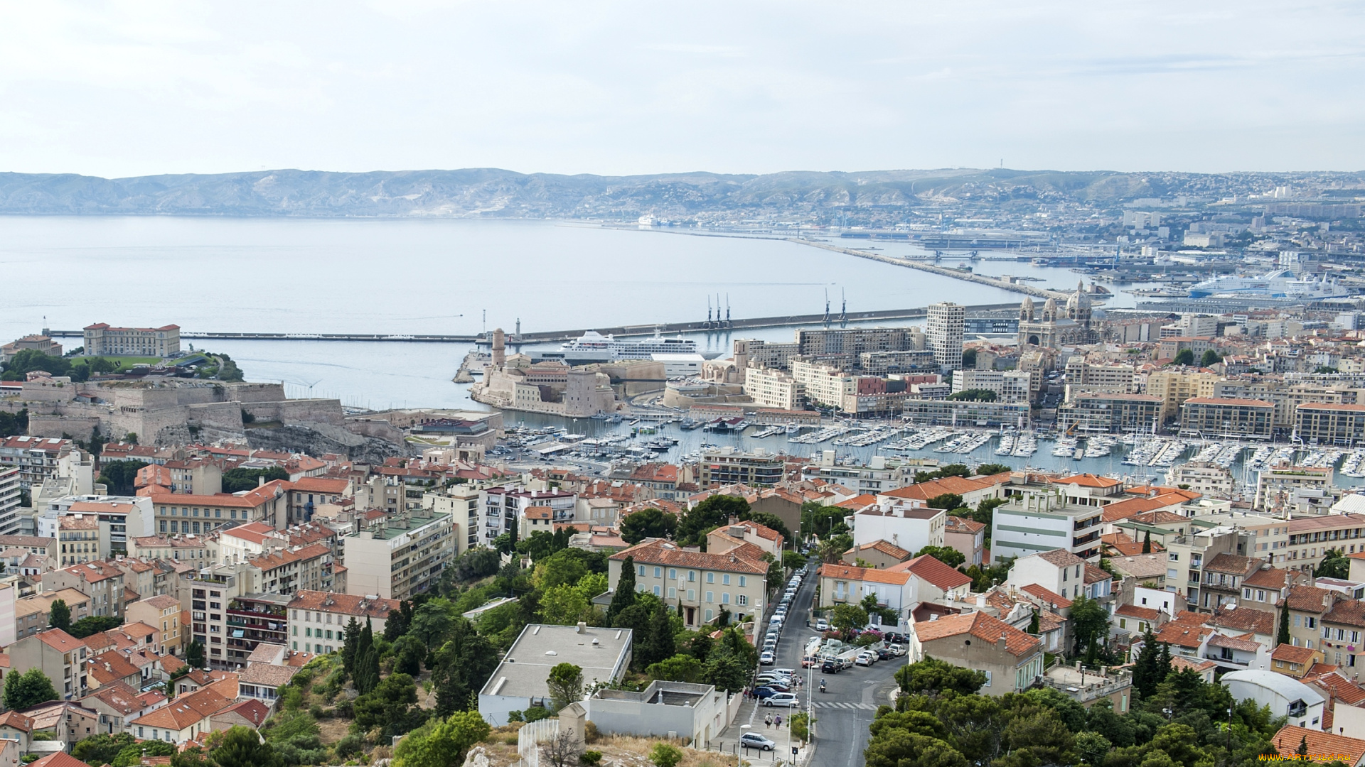 марсель, , франция, города, -, панорамы, порт, лайнер, дома