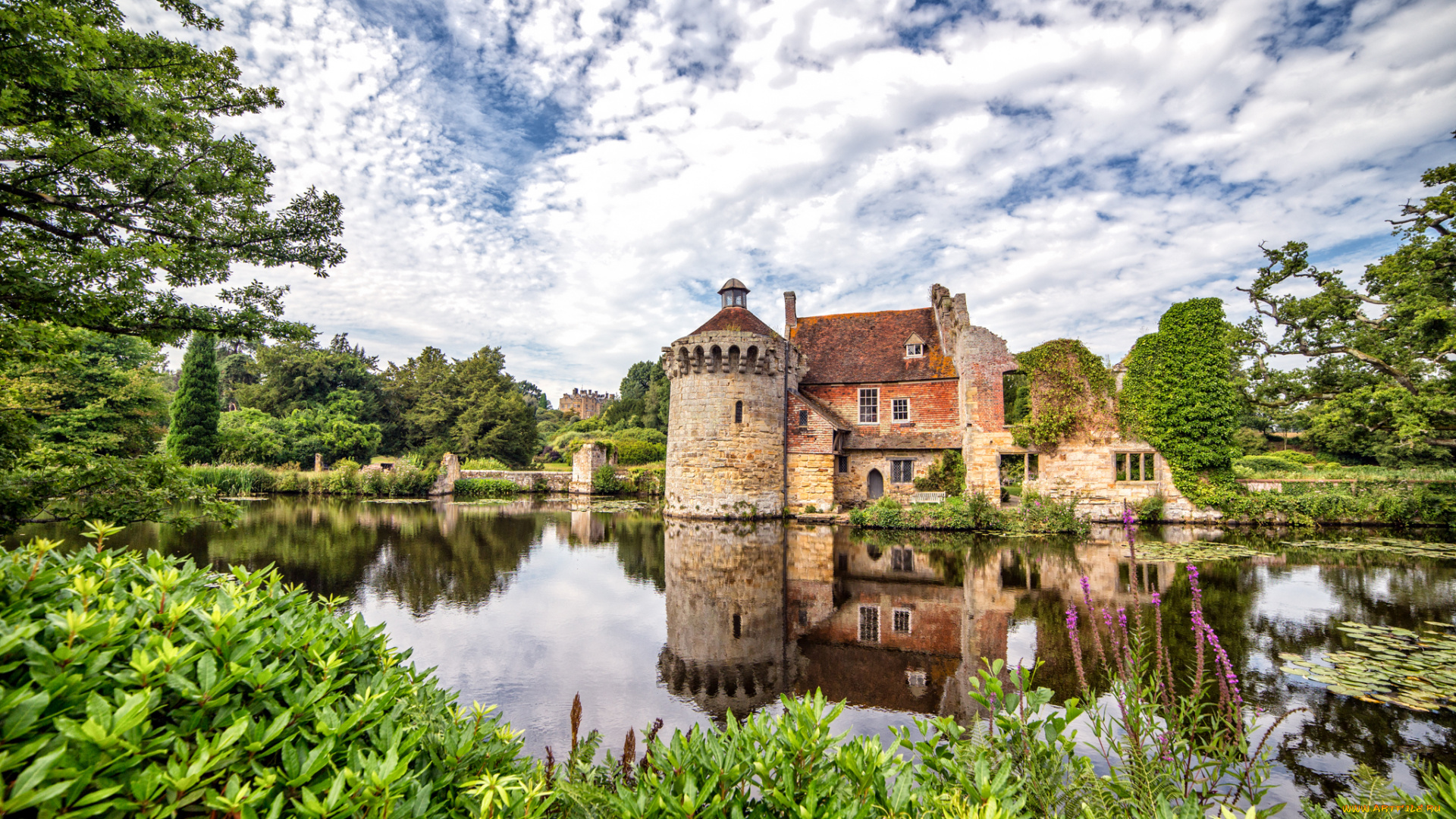 scotney, castle, города, -, дворцы, , замки, , крепости, замок, пруд, парк