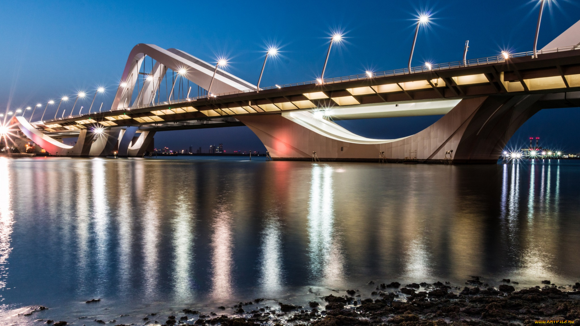 sheikh, zayed, bridge, города, абу-даби, , оаэ, огни, мост, река, ночь