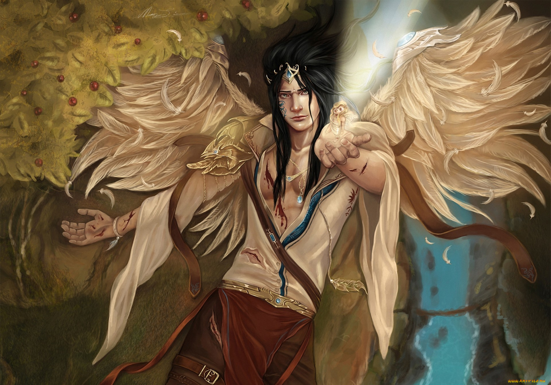 фэнтези, ангелы, кровь, раны, листва, крылья, парень, девушка, арт