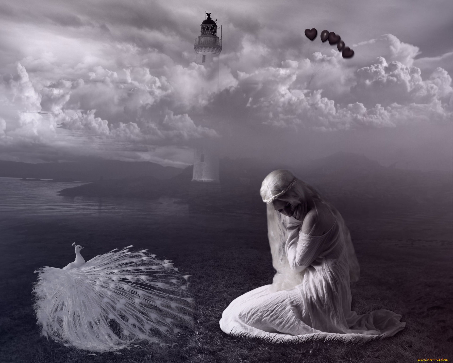 фэнтези, фотоарт, башня, павлин