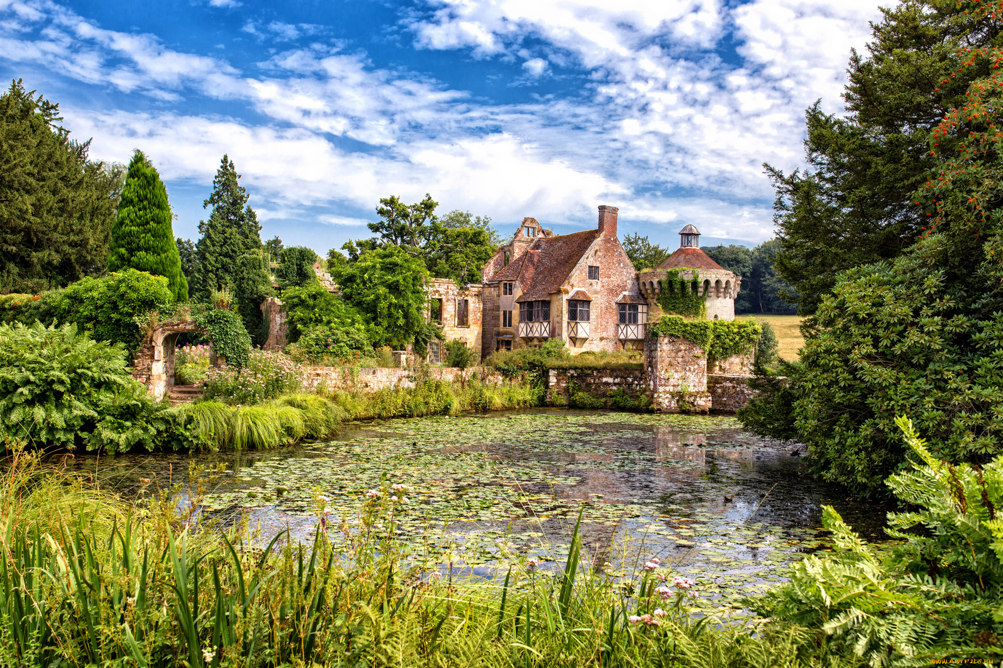 scotney, castle, города, -, дворцы, , замки, , крепости, парк, пруд, замок