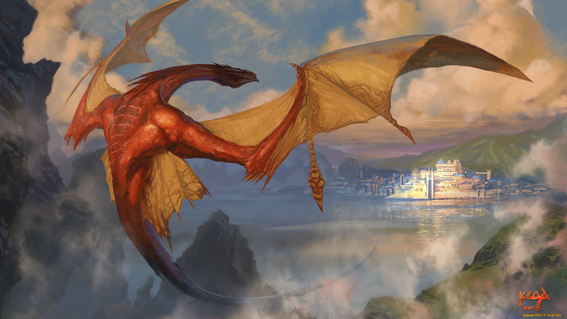 фэнтези, драконы, облака, озеро, город, горы, дракон