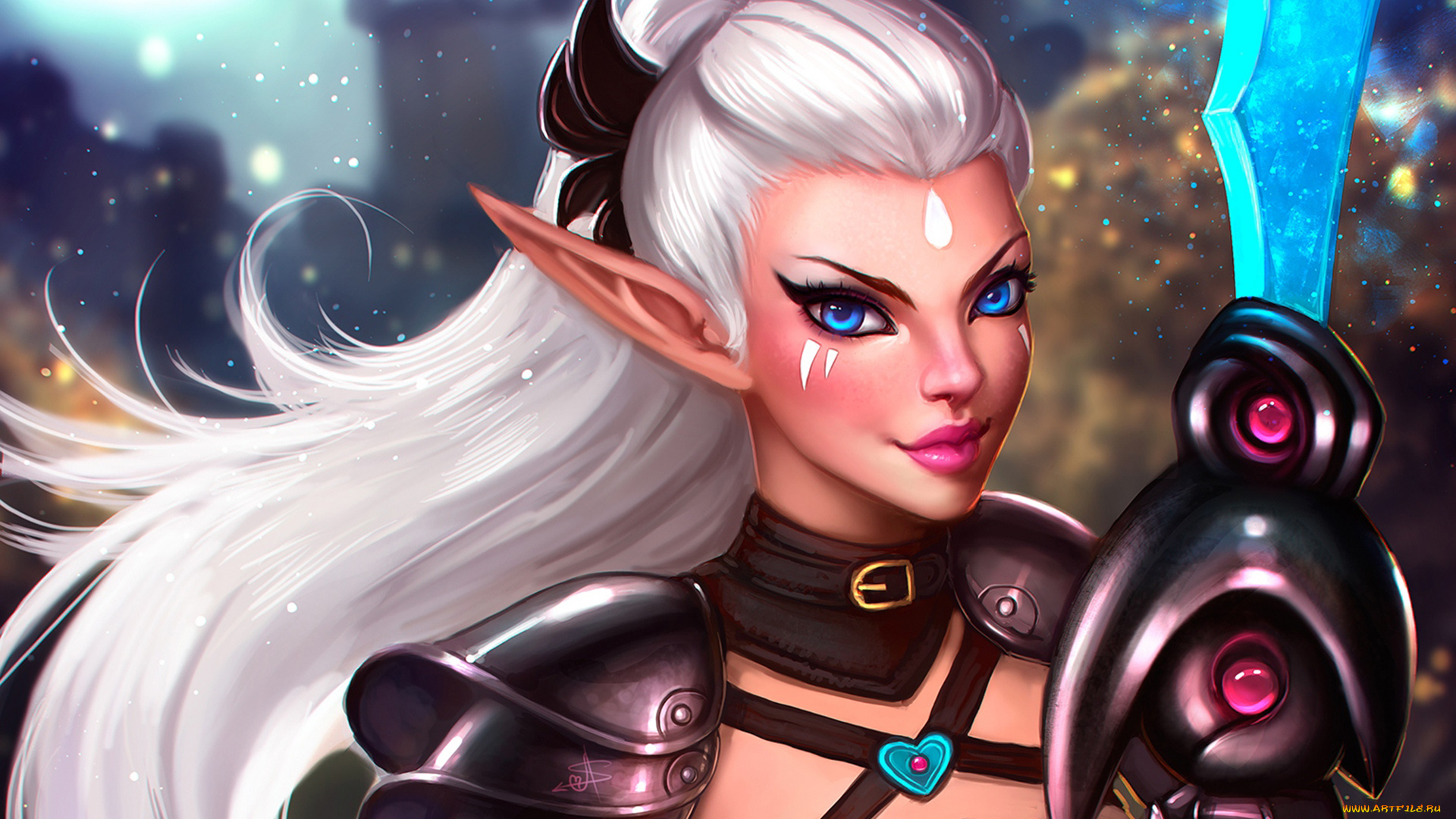 фэнтези, эльфы, эльф, девушка, меч, голубые, глаза, взгляд, белые, часы