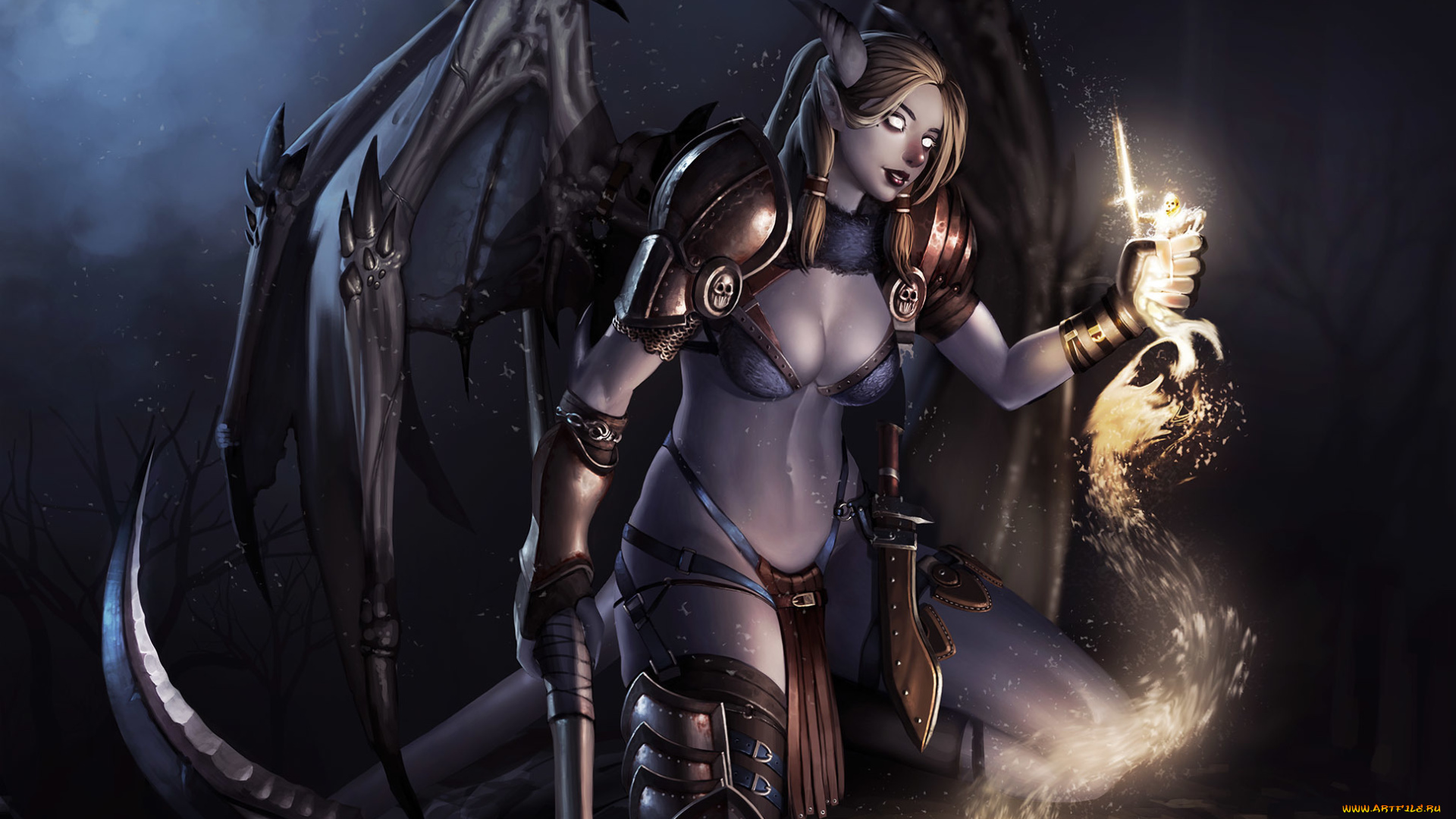 фэнтези, существа, жертва, кулак, душа, крылья, серп, рога, девушка, арт