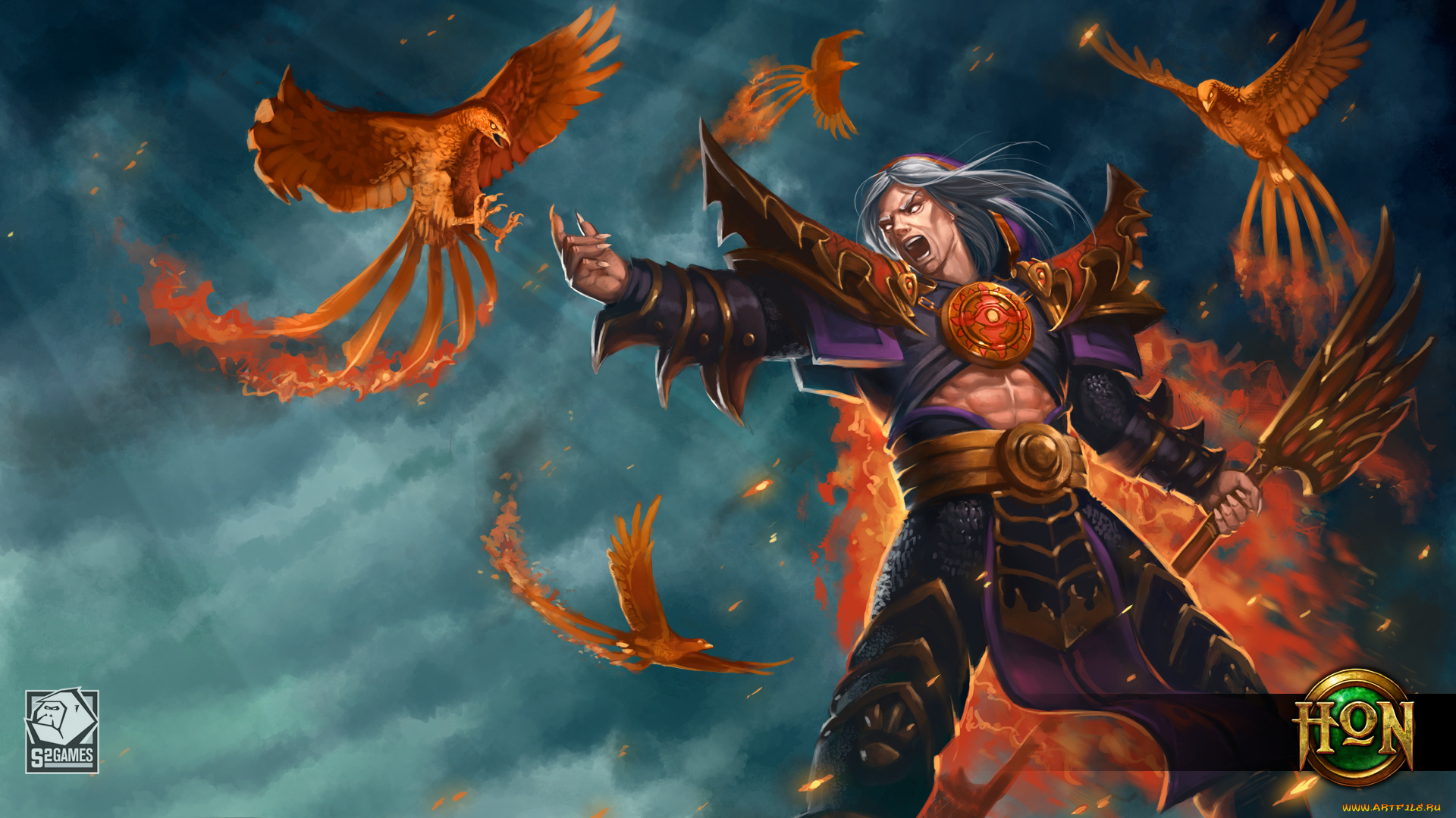 видео, игры, heroes, of, newerth, heroes, of, newerth, blind, prophet, art, птицы, огонь, факел