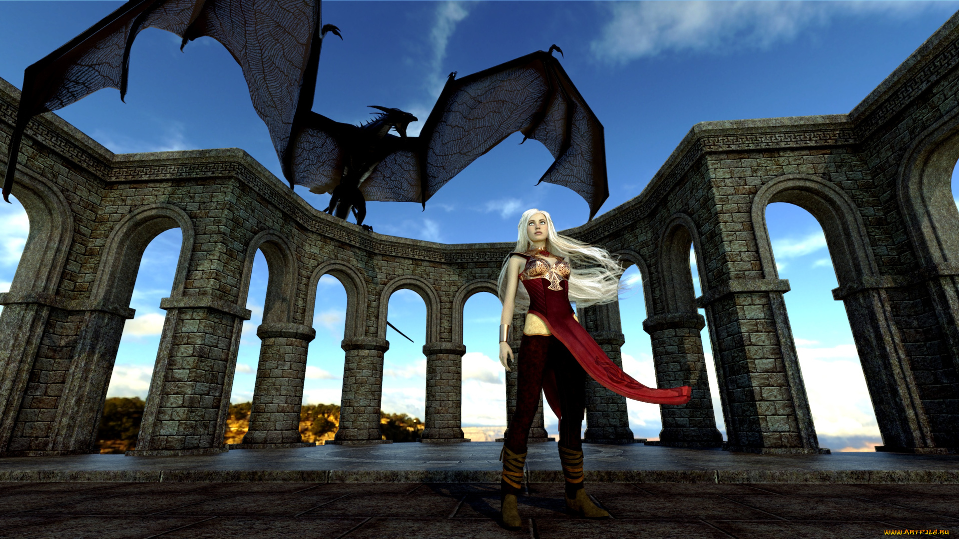 3д, графика, фантазия, , fantasy, фон, дракон, взгляд, девушка