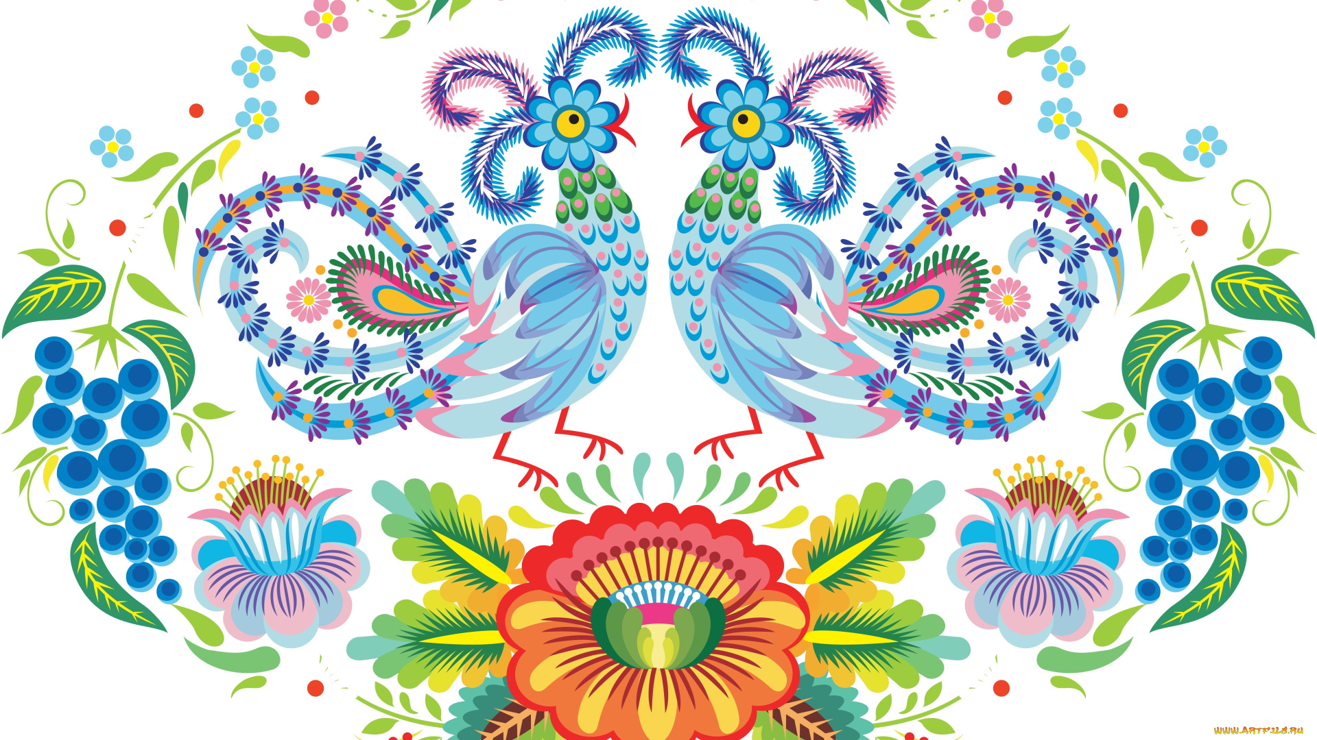 векторная, графика, птицы, , птицы, птица, фон, цветы