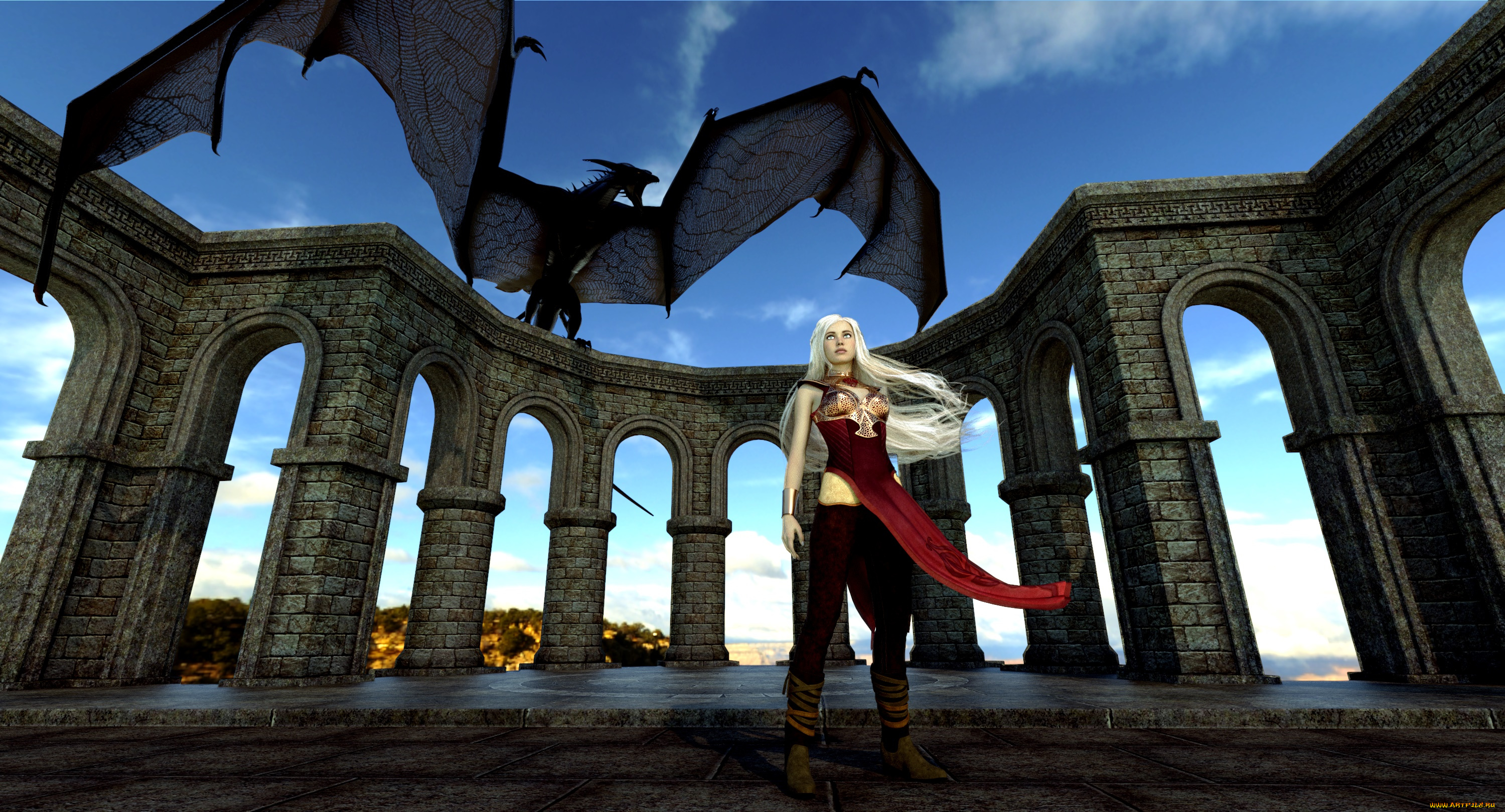 3д, графика, фантазия, , fantasy, фон, дракон, взгляд, девушка