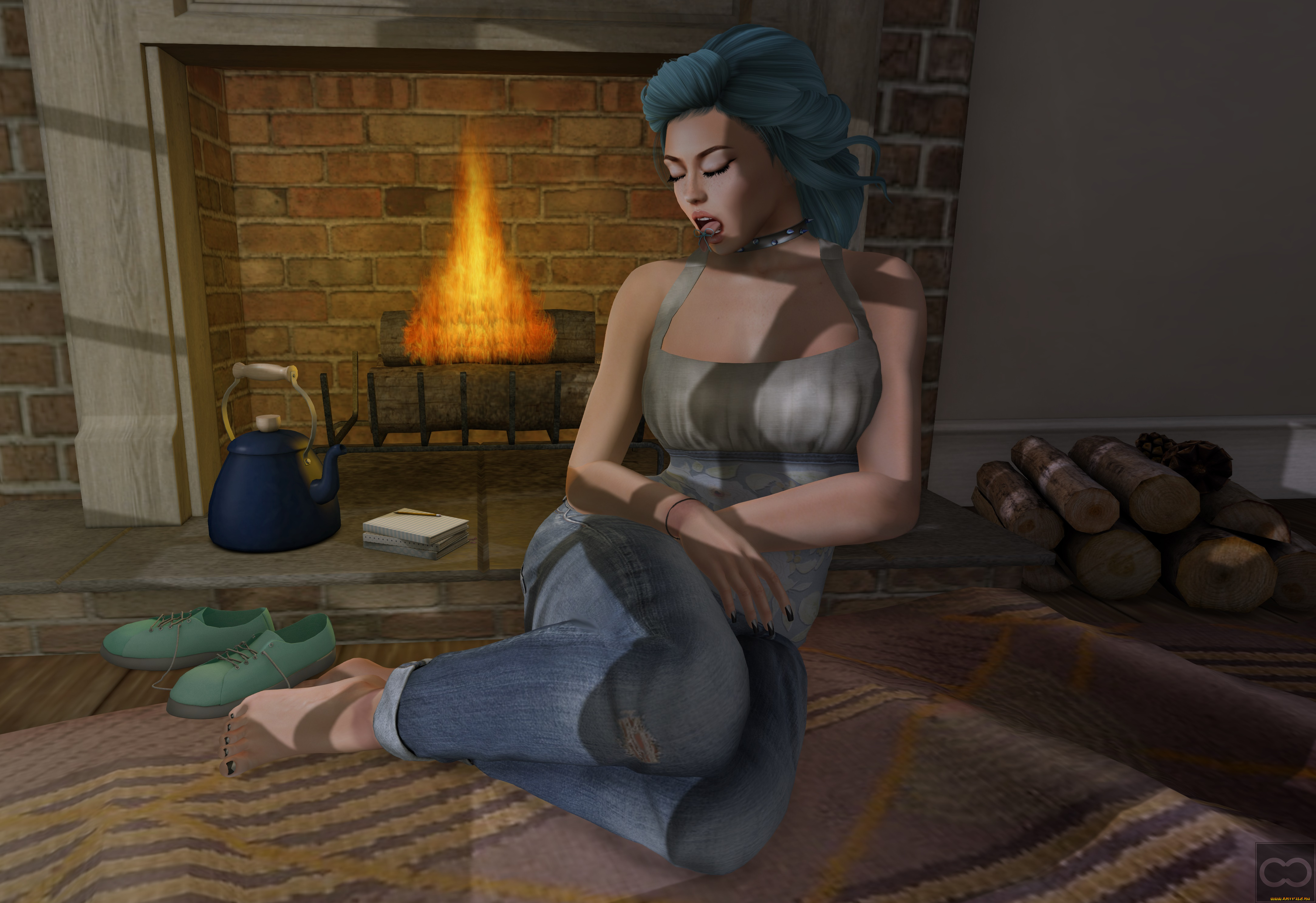 3д, графика, люди, , people, камин, фон, взгляд, девушка