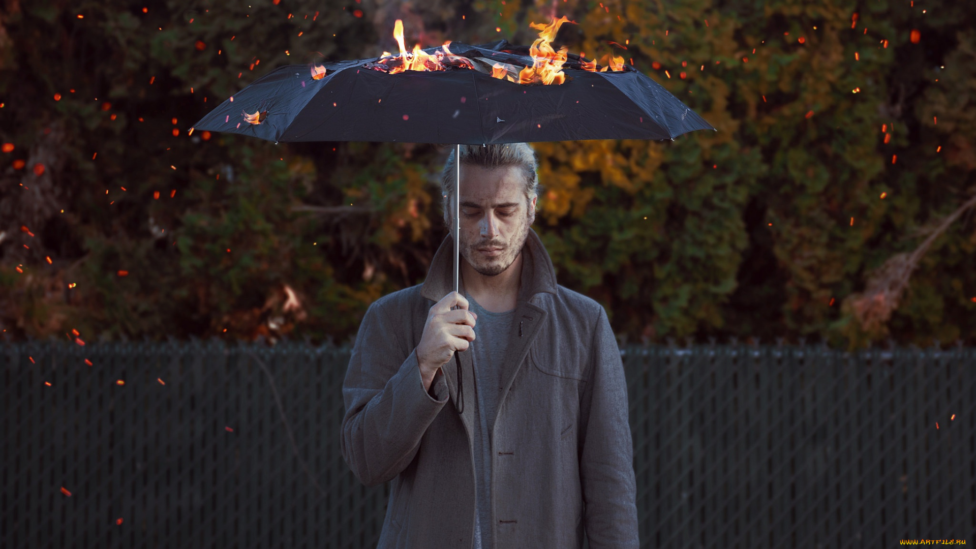 мужчины, -, unsort, человек, зонт, огонь