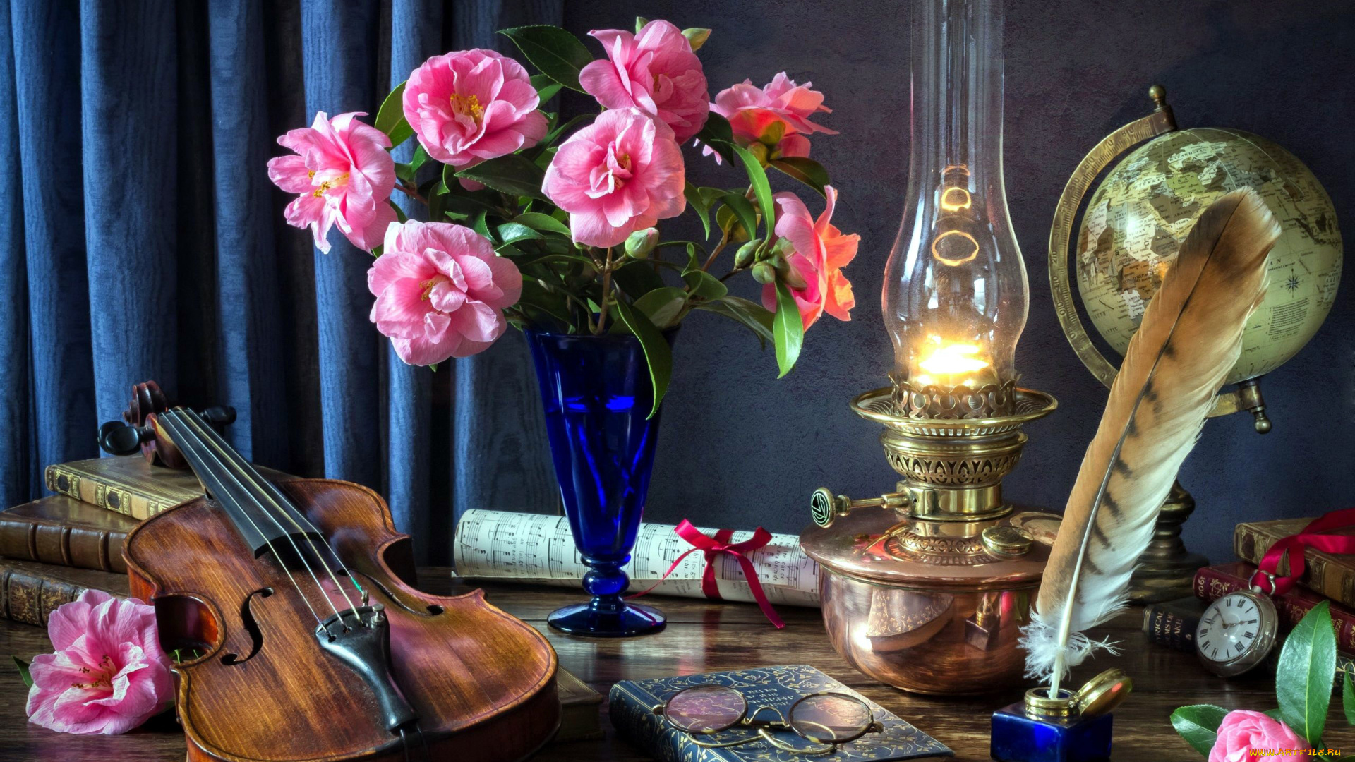 музыка, -музыкальные, инструменты, скрипка, лампа, камелии