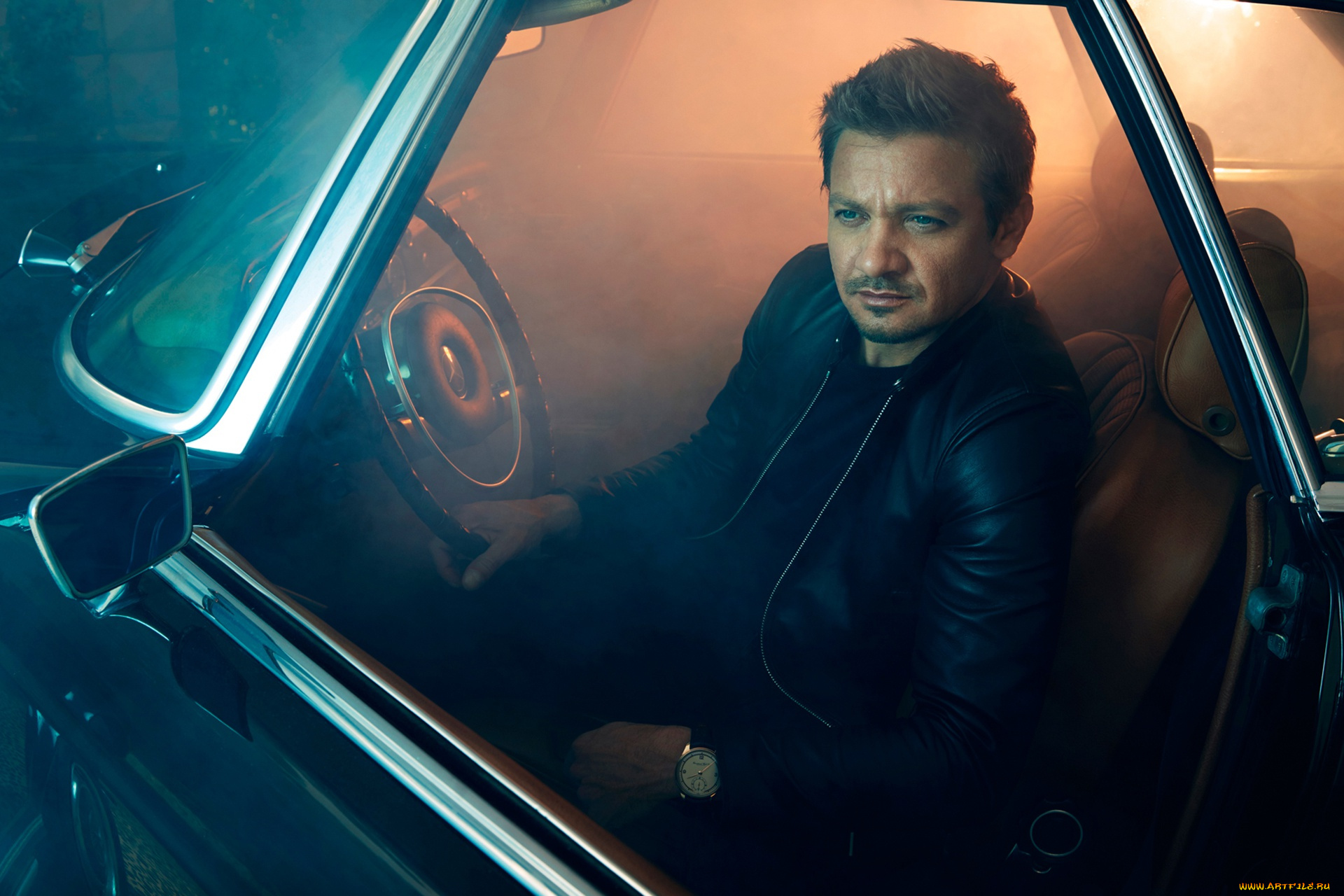 мужчины, jeremy, renner, актер, ночь, черная, авто, robb, report, randall, slavin, сидит, фотосессия, куртка, свет, за, рулём, джереми, реннер, кожанка, jeremy, renner