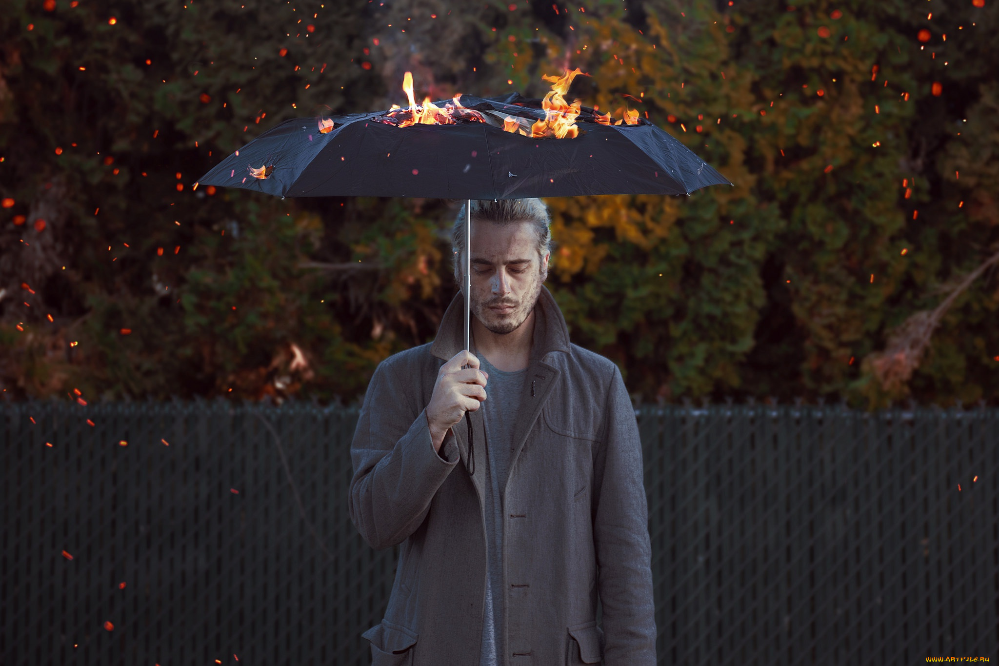 мужчины, -, unsort, человек, зонт, огонь