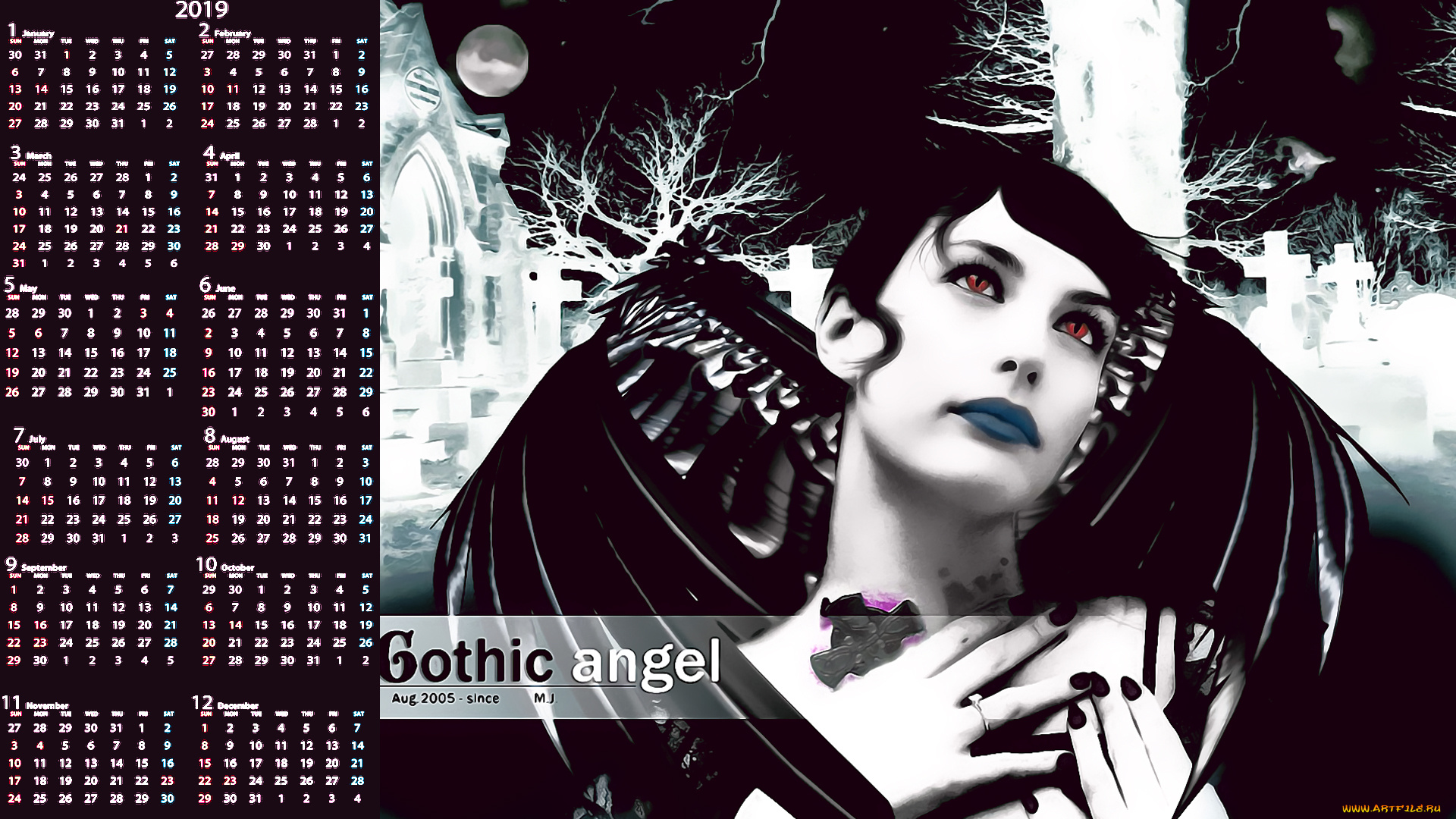 календари, фэнтези, луна, крест, девушка, кладбище