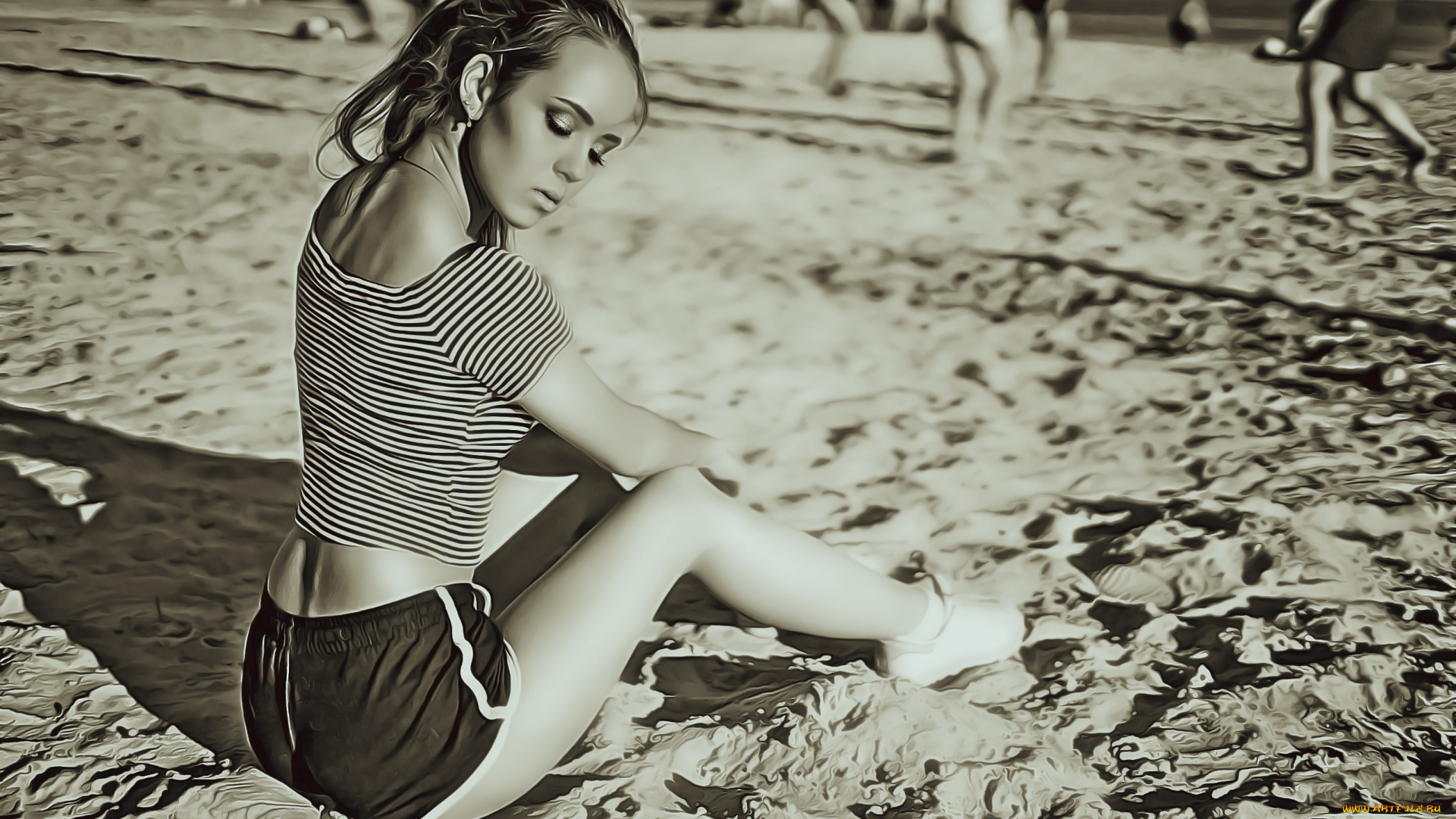 календари, компьютерный, дизайн, пляж, девушка, песок