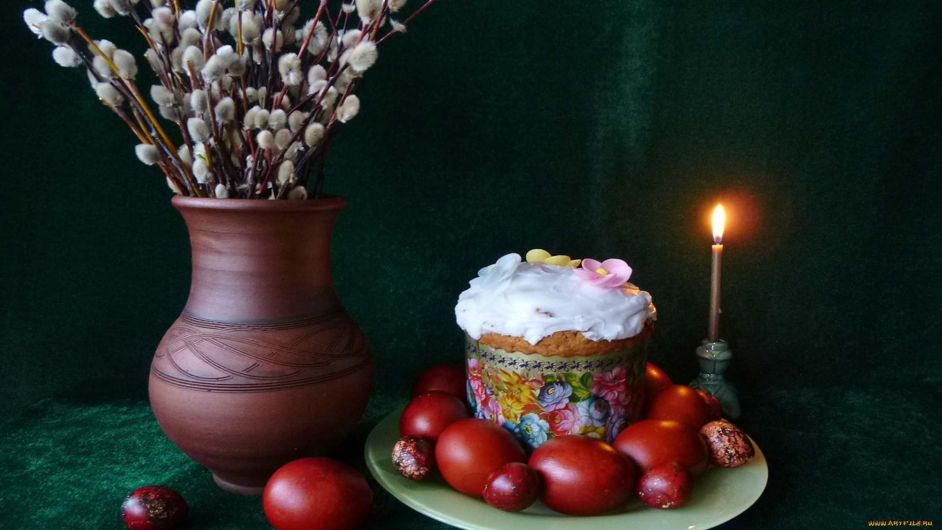 праздничные, пасха, верба, веточки, кулич, ваза, яйца, тарелка, свеча, огонь
