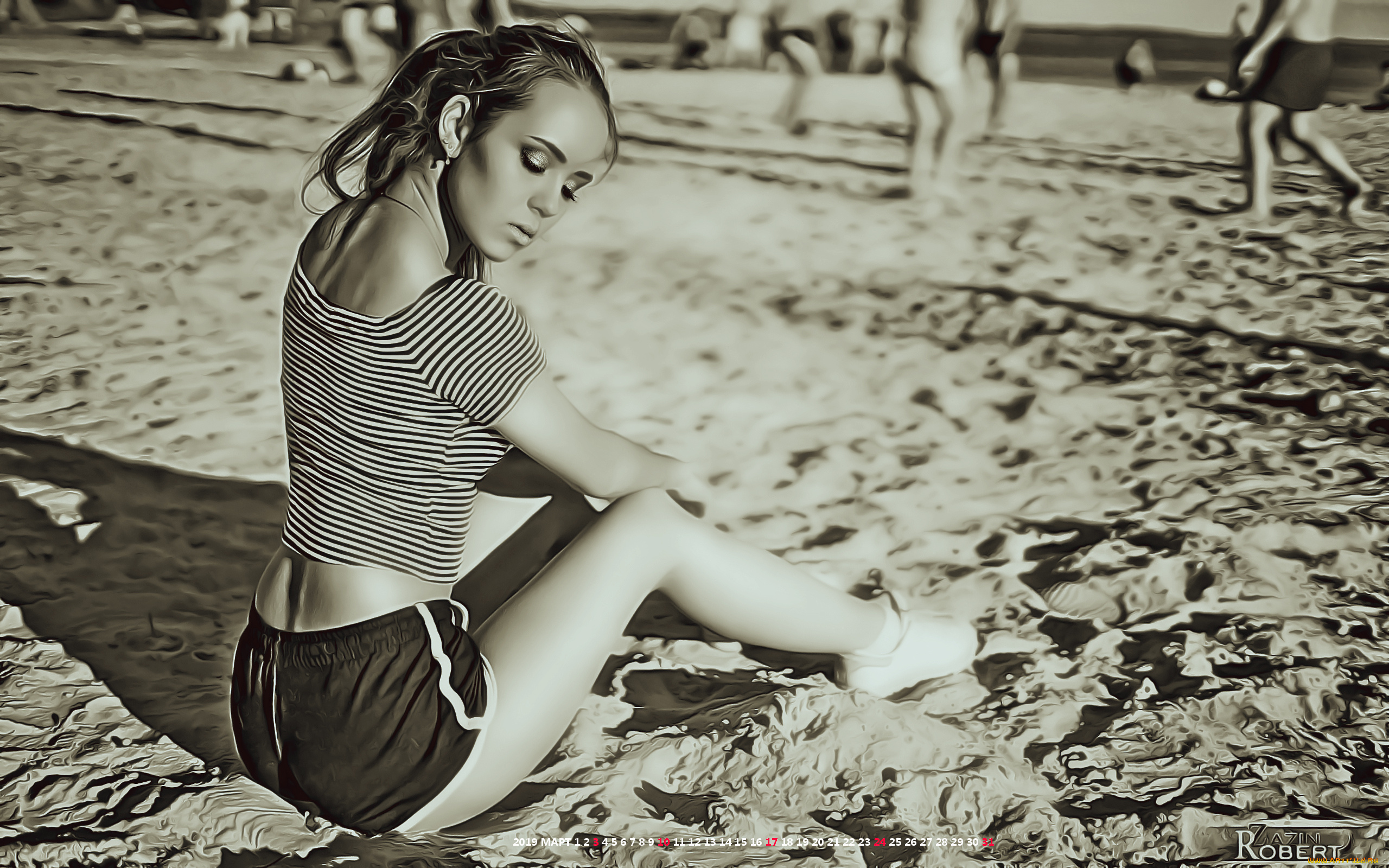 календари, компьютерный, дизайн, пляж, девушка, песок