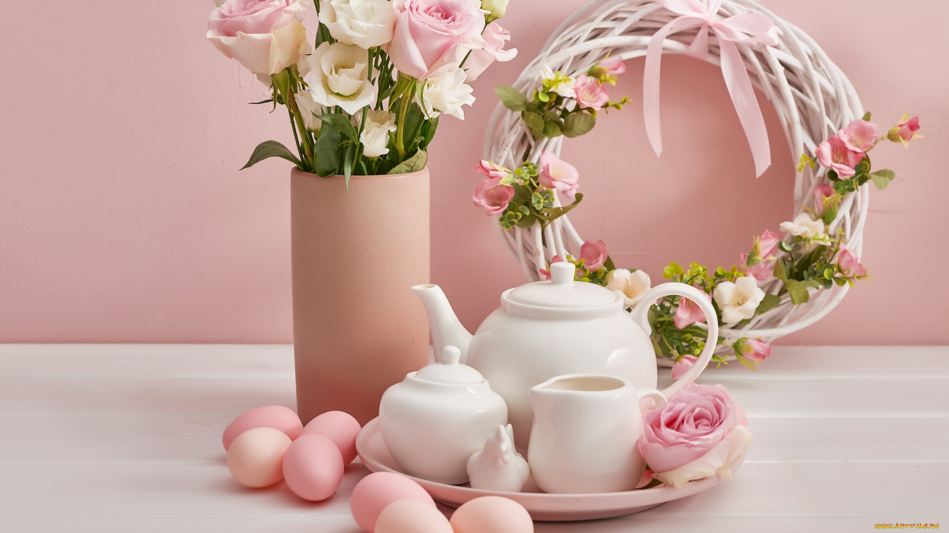 праздничные, пасха, цветы, праздник, яйца, весна, посуда, венок