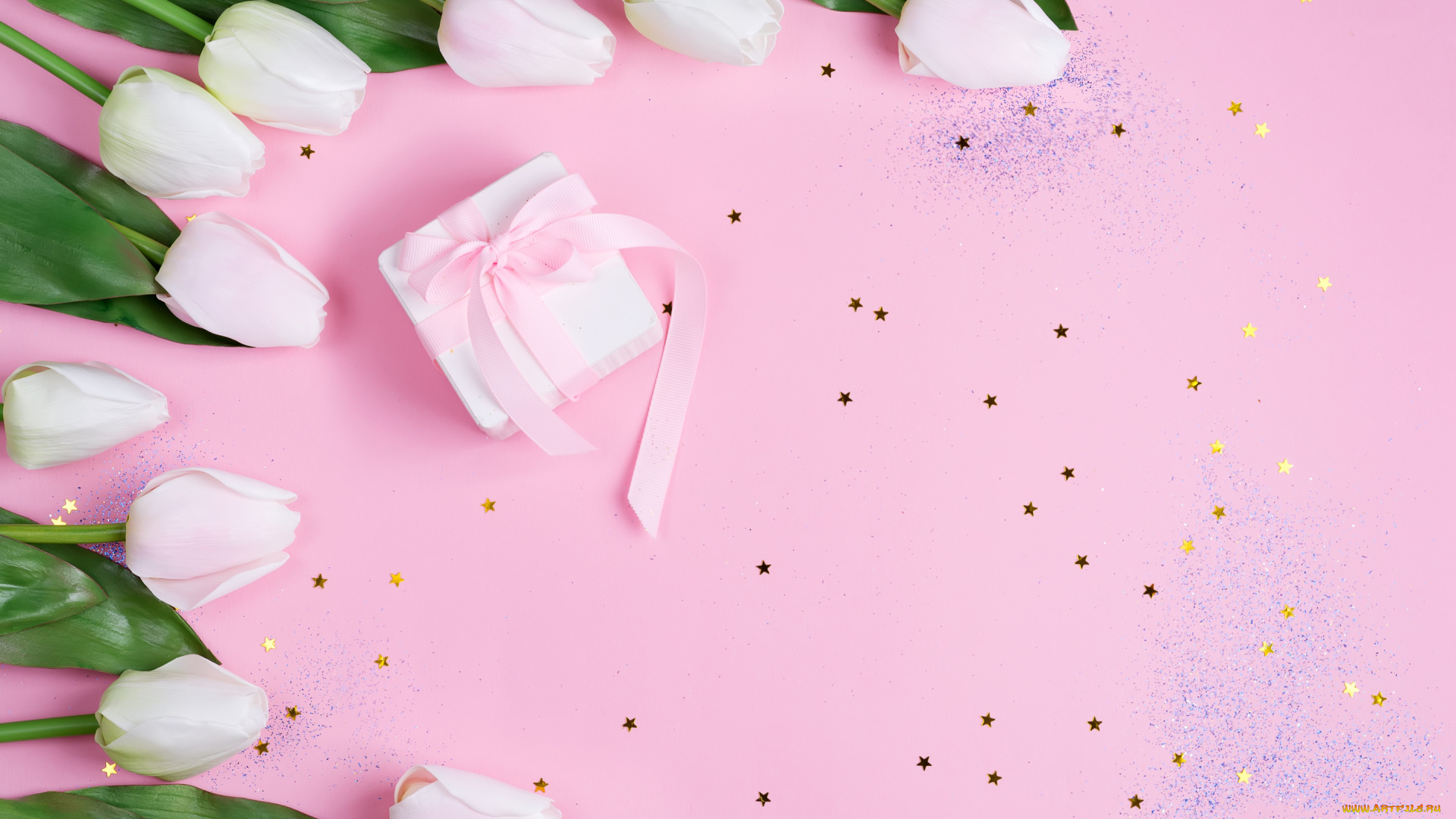 праздничные, подарки, и, коробочки, фон, розовый, подарок, лента, тюльпаны, белые