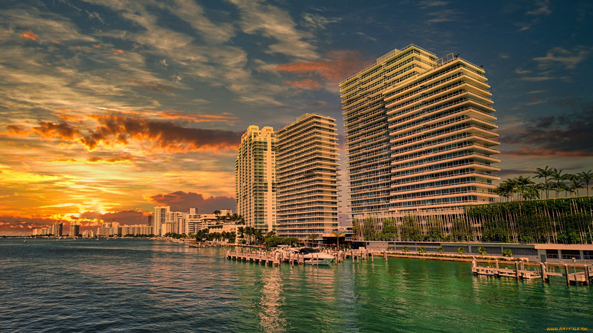 города, майами, , сша, закат, небоскребы