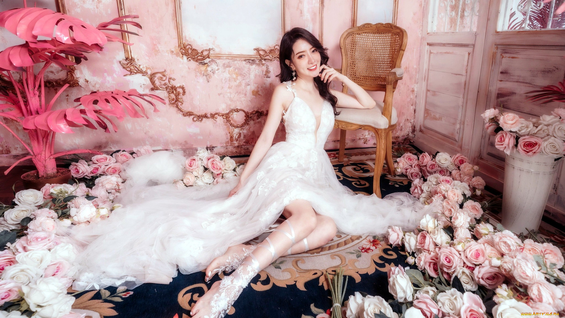 девушки, -, азиатки, азиатка, невеста, цветы, розы, улыбка