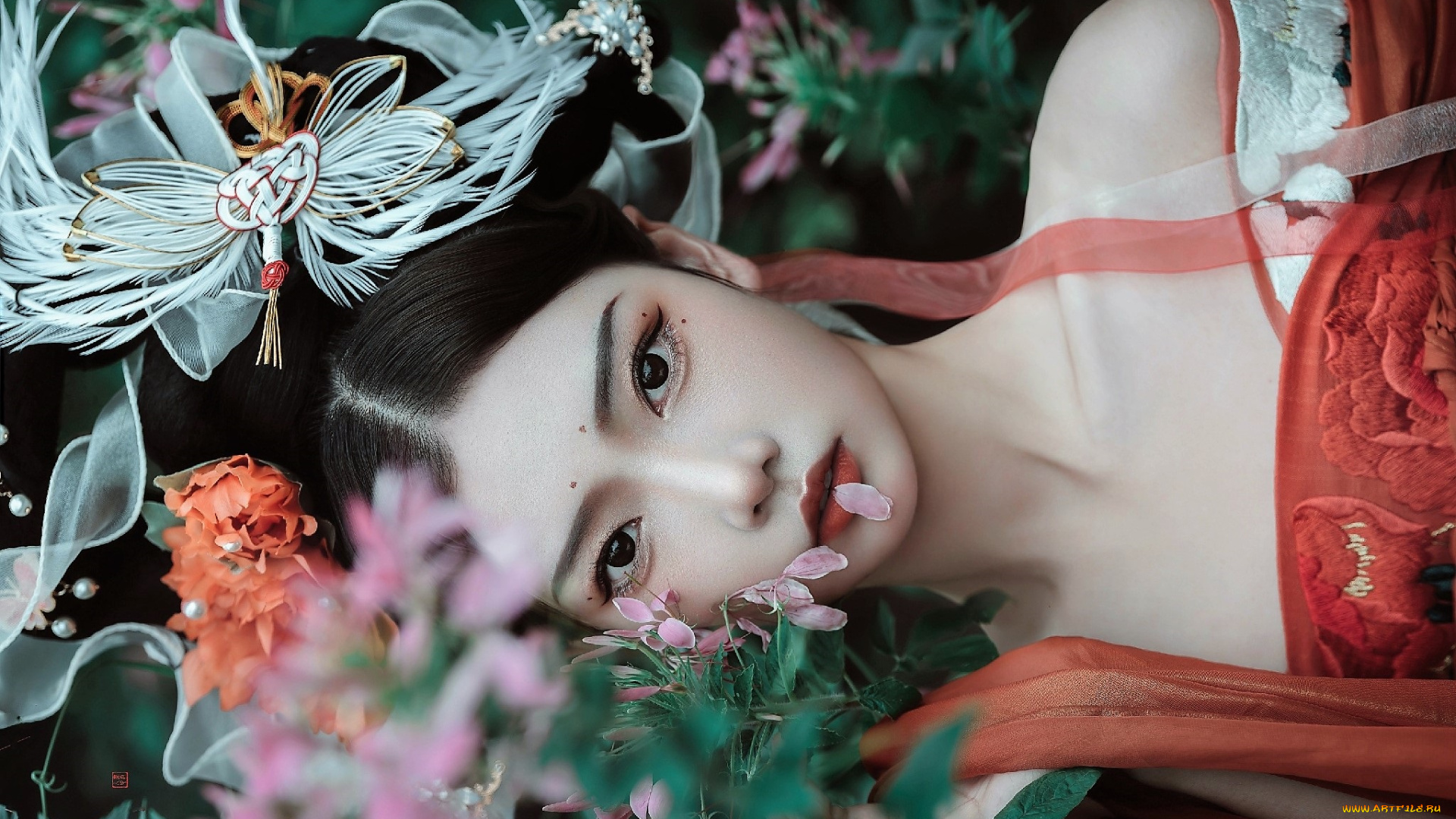 девушки, -, азиатки, лицо, цветы