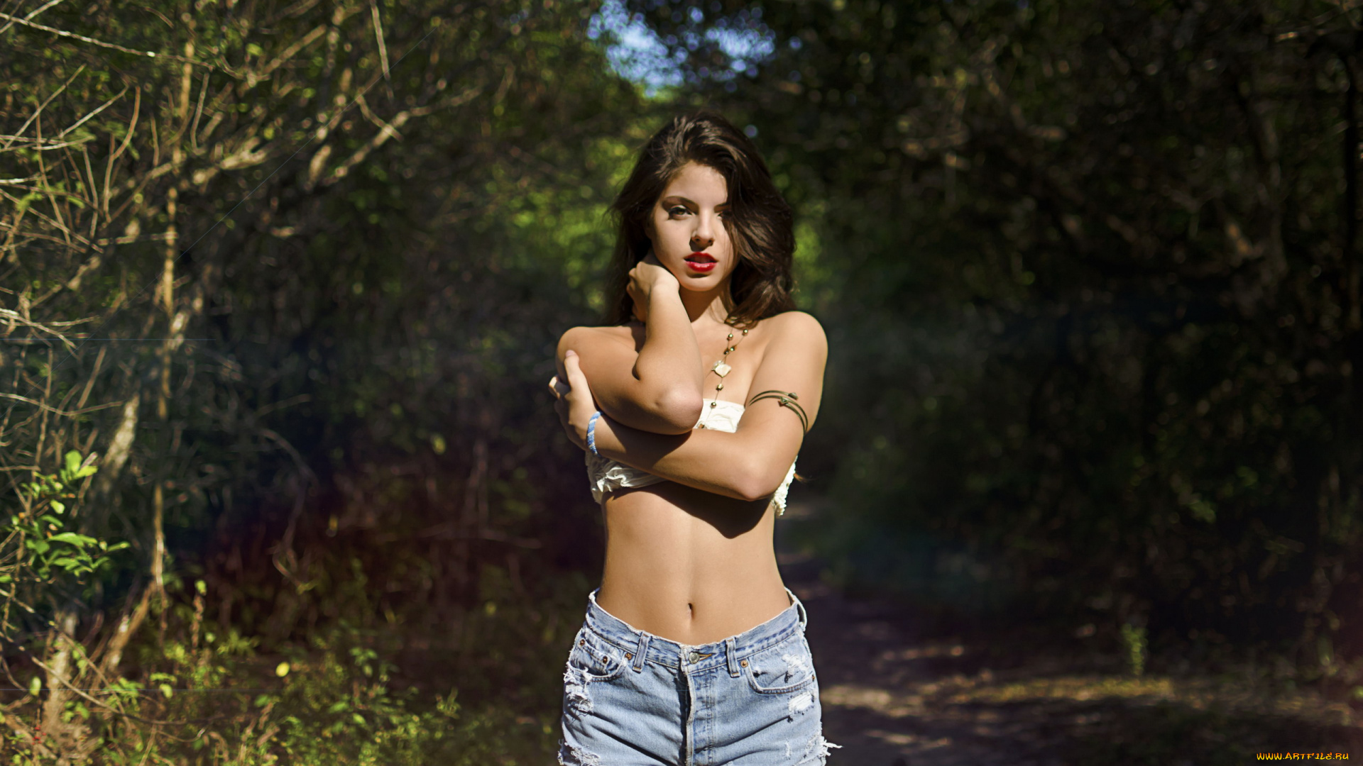 девушки, -, брюнетки, , шатенки, брюнетка, тропинка, лес, топ, шорты